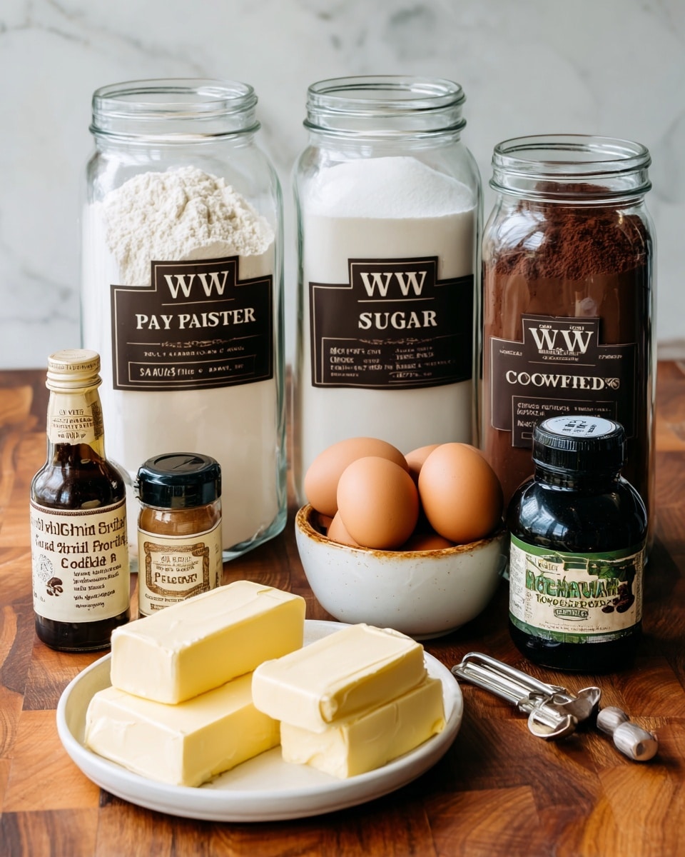 The image shows seven cooking ingredients arranged on a wooden surface with a white marbled background. On the left, there are two large glass jars with black labels: the first jar contains white pastry flour labeled