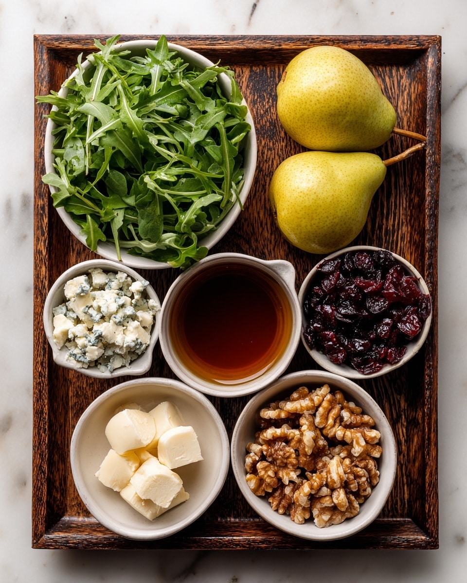 A dark brown tray holds seven white bowls and two pears on a worn wooden surface. The top left bowl is filled with bright green arugula leaves with jagged edges, looking fresh and leafy. To the right, two whole yellow-green pears sit side by side. Below the pears, a bowl with a small amount of thick, light beige mustard sits. On the bottom right corner, a bowl holds a heap of light brown walnut pieces with a rough texture. Next to it, a bowl is filled with dark red dried cranberries, shiny and wrinkled. To the left, a bowl contains small white chunks of blue cheese with blue-green spots. Above that, a bowl holds dark brown balsamic vinegar, a smooth liquid with a slight shine. In the center is a bowl with thick, light amber honey that looks smooth and sticky. The tray is on a white marbled surface photo taken with an iphone --ar 4:5 --v 7