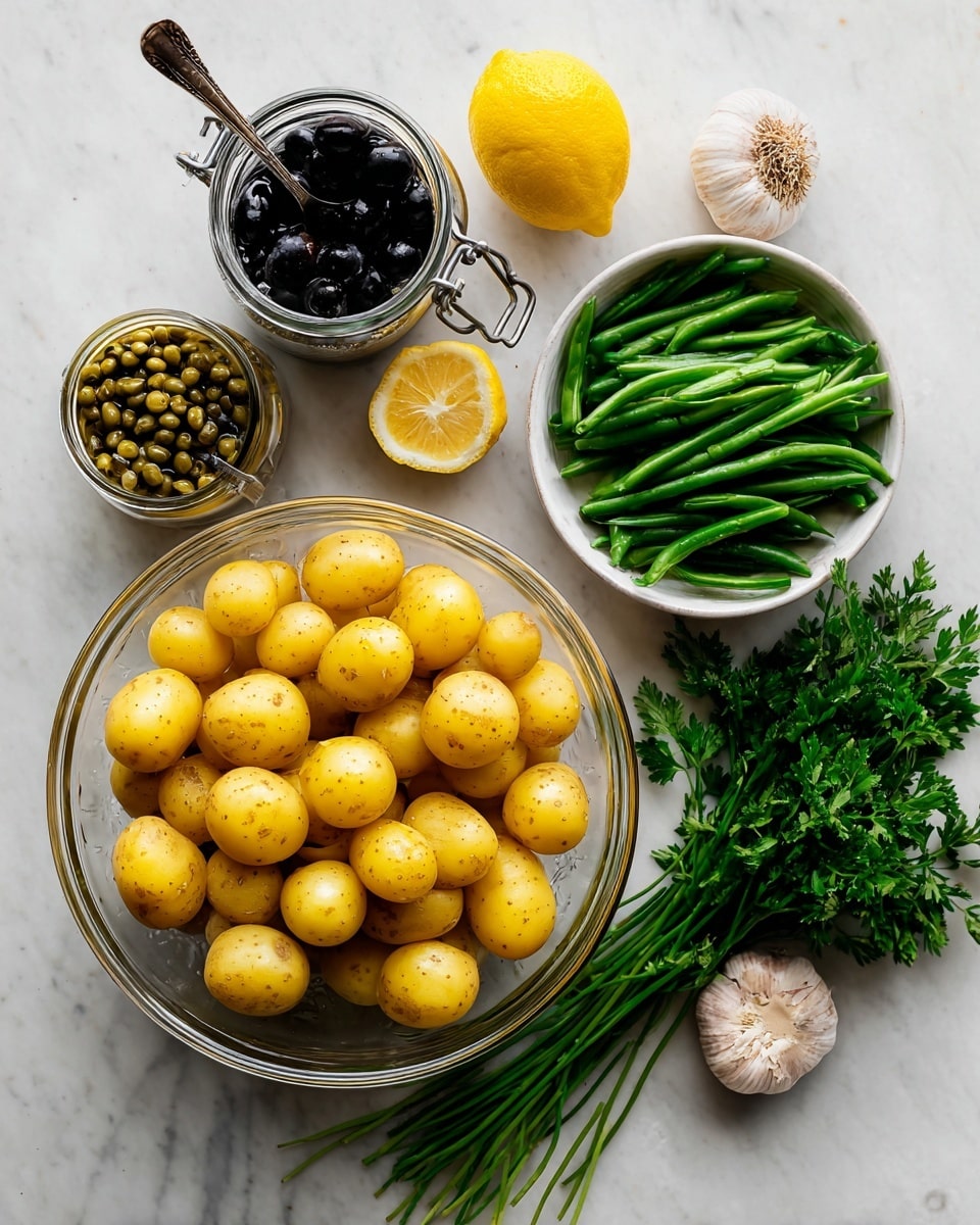 The image shows a top view of a clear glass bowl filled with many small, light brown potatoes with some dirt spots, placed on a white marbled surface. To the top right is a white bowl full of fresh green beans, cut into small pieces. Above the green beans is a bunch of long green chives laid horizontally. Between the potatoes and green beans are a whole purple and white garlic bulb, a whole bright yellow lemon, a jar of black olives with the lid open, and a small jar of green capers with a small silver spoon inside. To the right of the potatoes and below the green beans, there is a bunch of fresh, bright green parsley with leafy texture spread out, some on top of the chives. The photo taken with an iphone --ar 4:5 --v 7