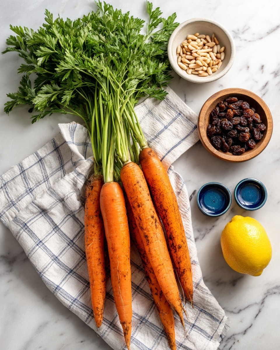 The image shows five large, dirty orange carrots lying on a white and blue checkered cloth. On top of the carrots, there is a bunch of fresh green parsley with long stems. Next to the carrots, there is a whole bright yellow lemon and two white bowls: one filled with dark brown raisins and the other filled with light tan pine nuts. In the background, there are two blue ceramic shakers on a white marbled surface. Photo taken with an iphone --ar 4:5 --v 7