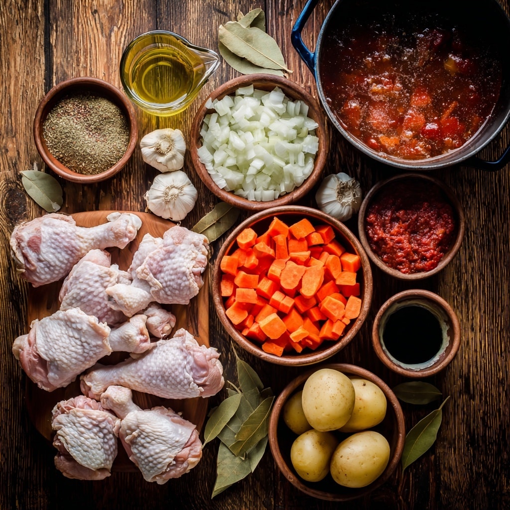 The dish shows four cooked chicken legs with brown, crispy skin that has varied shades from dark to golden brown. They are placed in a black pan over a thick layer of cooked vegetables including small round yellow potatoes, chopped orange carrots, and diced onions. The vegetables are covered in a rich, orange-brown sauce with a glossy texture. Small green chopped herbs are sprinkled over the chicken and vegetables, adding a fresh look. A light tan spatula rests on the right side of the pan, and in the lower right corner, there is a small brown bowl filled with green chopped herbs. The pan sits on a cream-colored textured cloth on a white marbled surface photo taken with an iphone --ar 4:5 --v 7