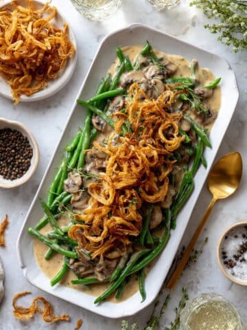 Modern Green Bean Casserole with Creamy Mushroom Sauce and Crispy Fried Onions Recipe