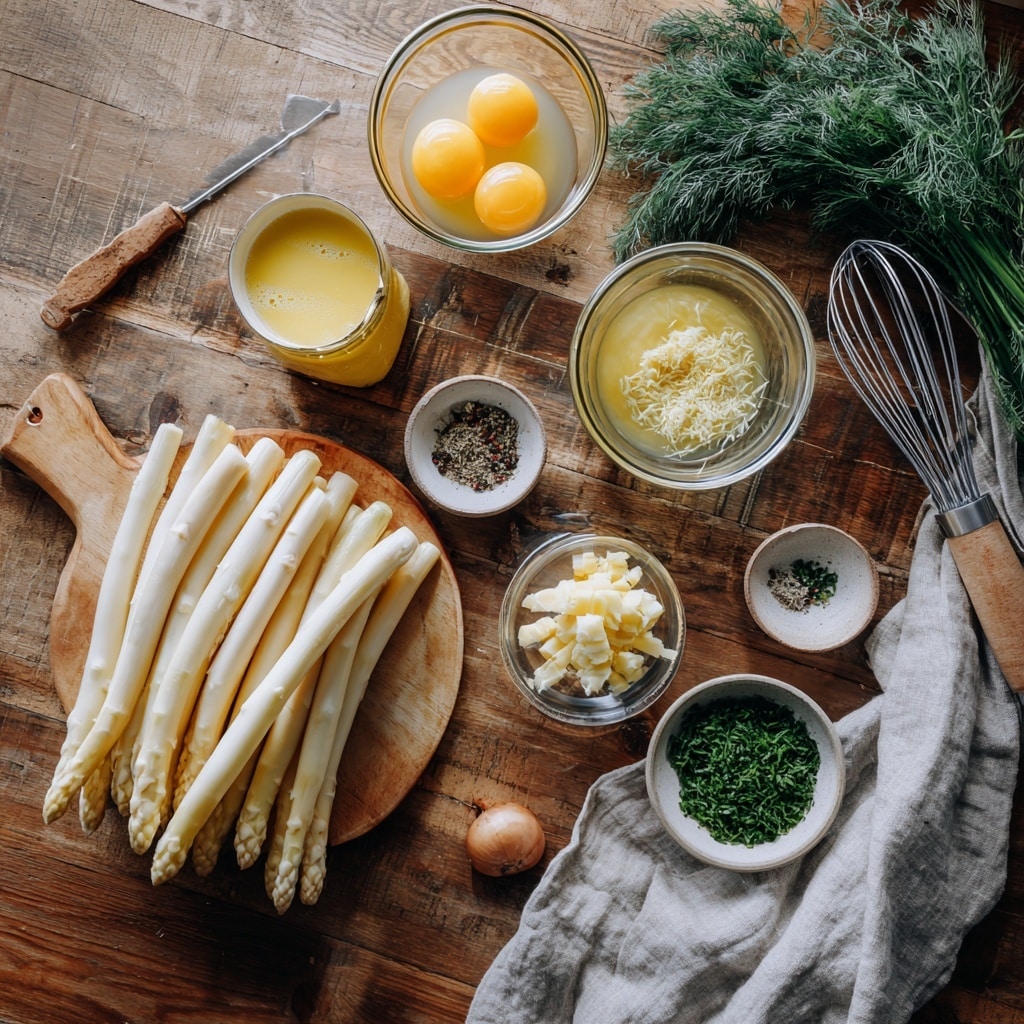 The left side shows a blue pot filled with light brown boiling water covering many white asparagus spears that are long and thin, lying mostly horizontal with some overlapping. The right side shows a white bowl filled with ice water and white asparagus spears placed neatly inside, aligned side by side, showing a pale yellow tint at the tips. Both images are set against a white marbled surface. Photo taken with an iphone --ar 4:5 --v 7
