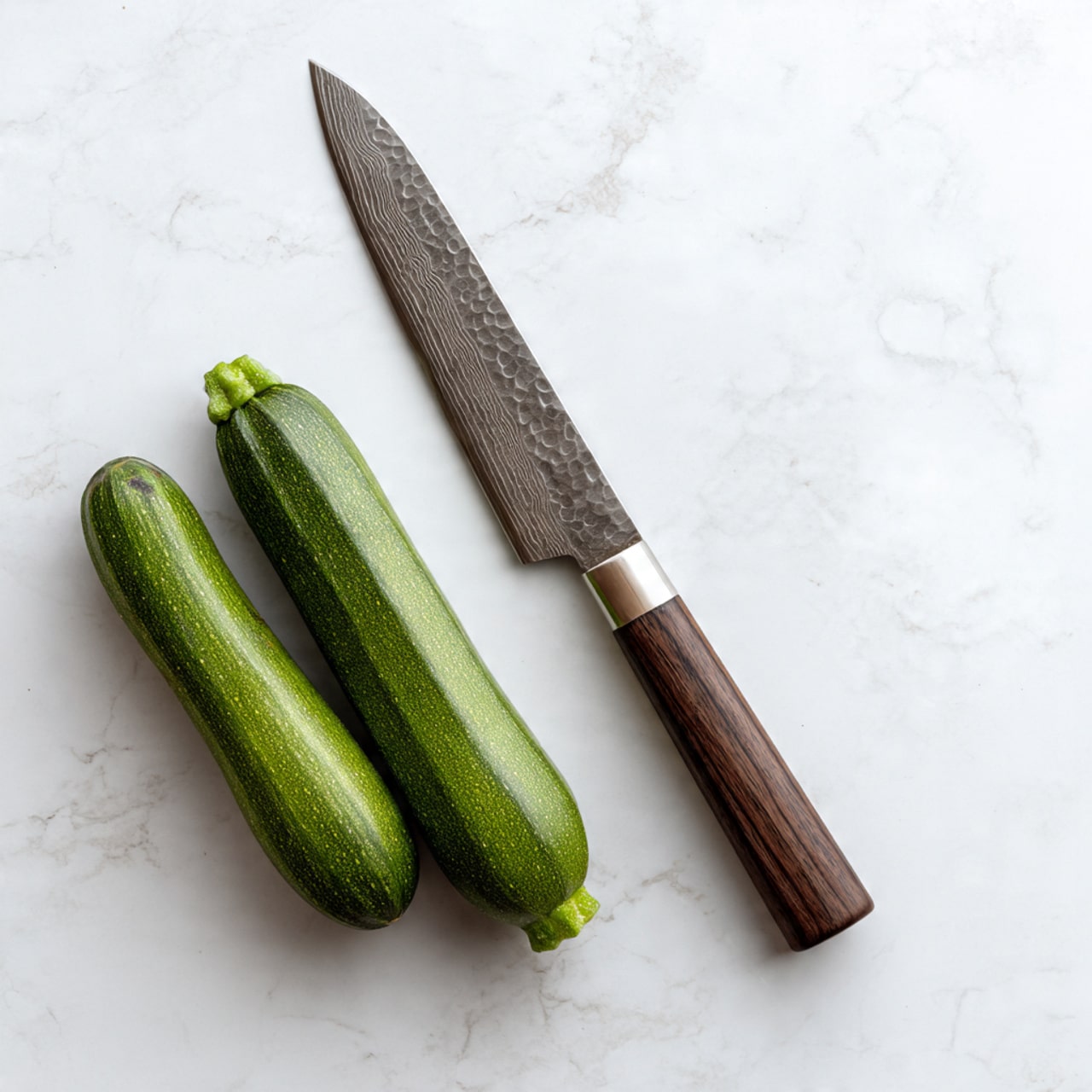 The image shows three whole green zucchinis placed diagonally on white paper towels on a wooden cutting board with a rich brown and natural wood pattern. A sharp knife with a textured metal blade and dark wooden handle rests on the right side of the cutting board. The background is a white marbled surface. The zucchinis have a shiny and smooth texture with bright green tops. Photo taken with an iphone --ar 4:5 --v 7