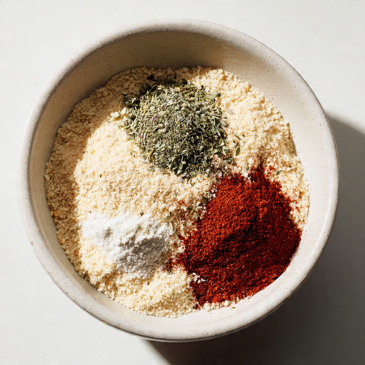 A white bowl filled with a base layer of fine, light beige breadcrumbs. On top of this, there are small piles of different spices placed in separate sections: a dark green dried herb mix on the upper right, a deep red paprika powder below the herbs, and an off-white powder, likely garlic or onion powder, near the bottom. The textures vary from fine powders to leafy bits, creating a clear contrast. In the background on a white marbled surface, there is a wooden board with thick green and white zucchini slices arranged in a row. The scene is bright with natural light, giving clear focus to the bowl and its contents. Photo taken with an iphone --ar 4:5 --v 7