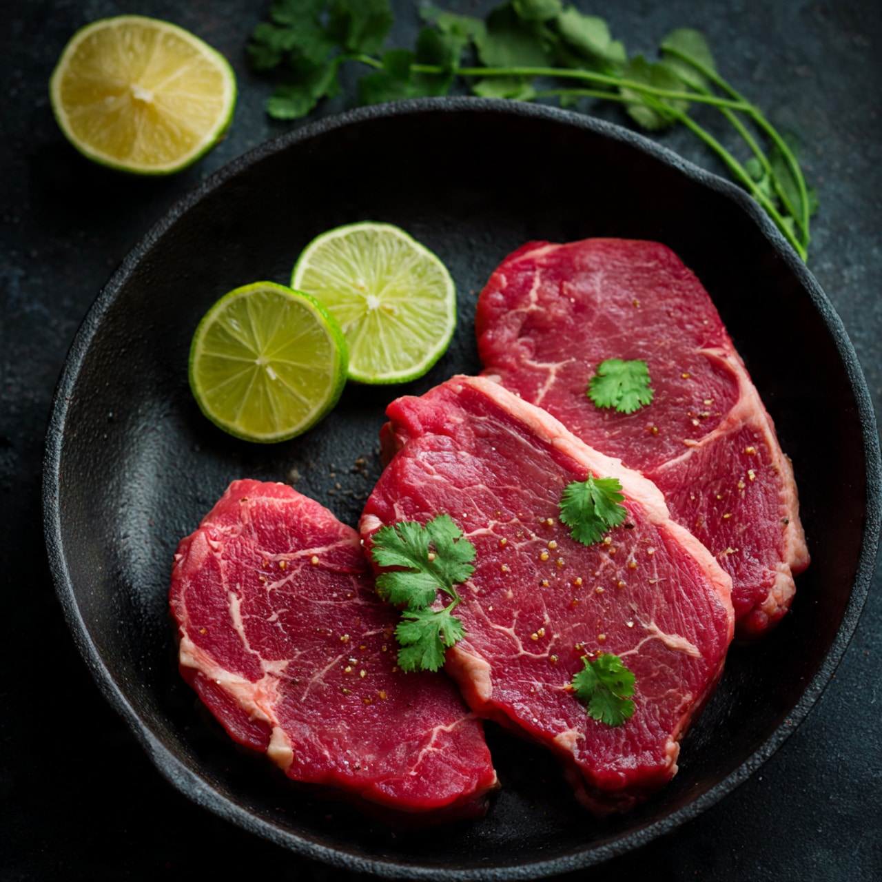 Two thick raw red steaks lie flat side by side in a black round skillet. Each steak is sprinkled with coarse black pepper and salt, topped with a fresh green sprig of rosemary. Behind the steaks, on the skillet, there are three thin green lime wedges, and to the left, two small bright green cilantro leaves. A half lemon is partially visible at the top left corner. The skillet rests on a white marbled surface. Photo taken with an iphone --ar 4:5 --v 7