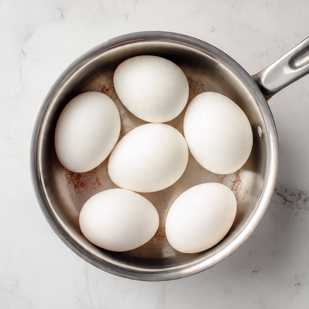 A top view of a metal pot with seven white eggs inside on a white marbled surface. The eggs are arranged loosely, showing their smooth curved shapes and pure white shells, and the metal pot has a simple shiny texture with some faint brown marks near the bottom. A black and white checkered cloth is partially visible in the top left corner. Photo taken with an iphone --ar 4:5 --v 7