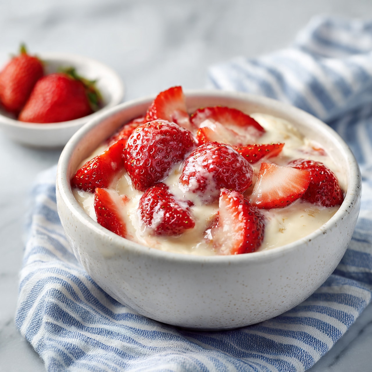 A white bowl filled with light brown, smooth batter that almost fills the bowl, with a cluster of bright red, chopped strawberries on top, mostly in the center but some scattered around the edges. The bowl sits on a white marbled surface with a blue and white striped cloth partially under it. To the lower left, there is a small white bowl with more halved strawberries. Photo taken with an iphone --ar 4:5 --v 7