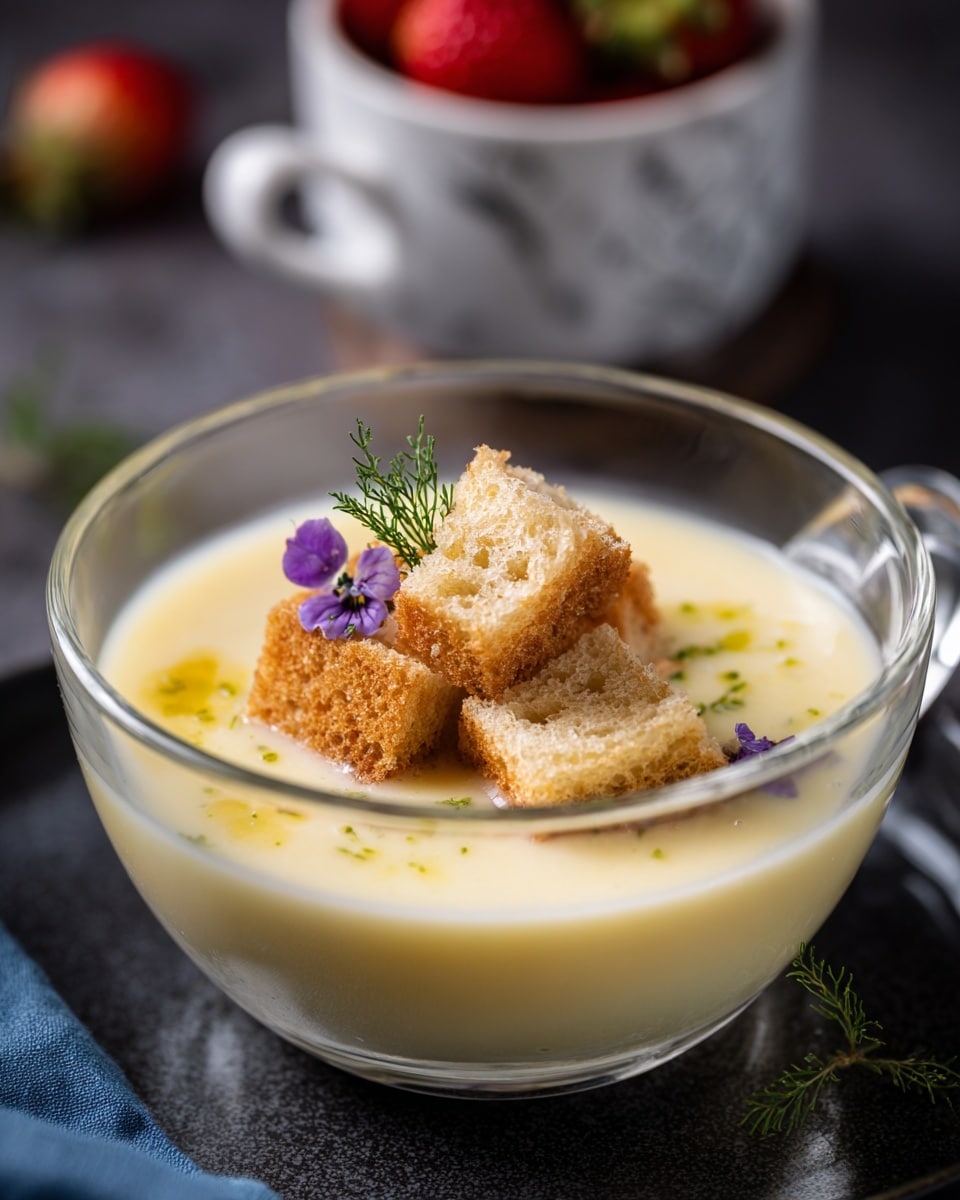A clear bowl filled with a creamy light yellow soup. Inside the soup, there are several pieces of light brown bread with a soft, spongy texture floating on top. One piece of bread is garnished with a small sprig of green herb and a small purple flower. The bowl sits on a dark surface with a faint reflection. In the background, there is a white cup with some strawberries on a white marbled texture. Photo taken with an iphone --ar 4:5 --v 7
