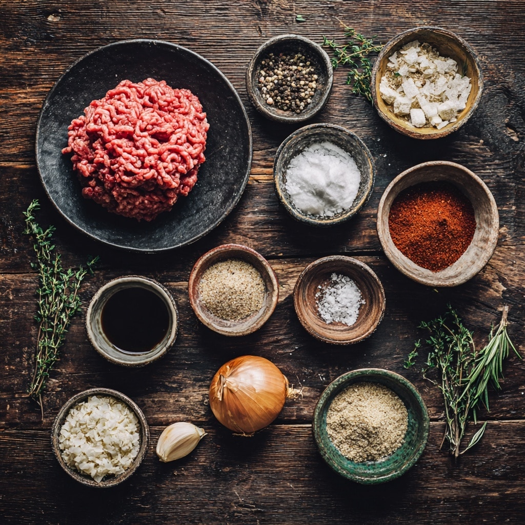 A woman's hand is holding a round raw hamburger patty with a small hole in the middle above a white bowl filled with raw ground beef. Next to it, there is a white frying pan with four cooked burger patties that have a browned, textured surface. The pan has browned residue and oil around the patties, and the background is a white marbled surface. Photo taken with an iphone --ar 4:5 --v 7