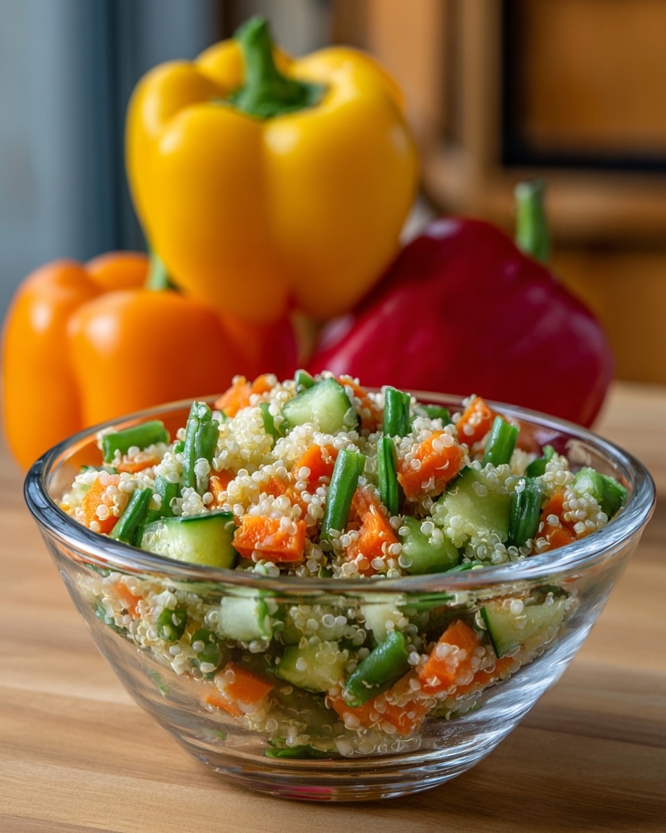 A clear glass bowl filled with a mixed salad that has small diced pieces of orange carrots, green beans cut into small sections, light green cucumbers, and small grains like quinoa or couscous. The salad looks fresh and colorful with mostly white, green, and orange tones spread evenly in the bowl. The bowl sits on a wooden surface next to three bell peppers in the background, one yellow, one red, and one orange, with a wooden cabinet behind them. The photo taken with an iphone --ar 4:5 --v 7