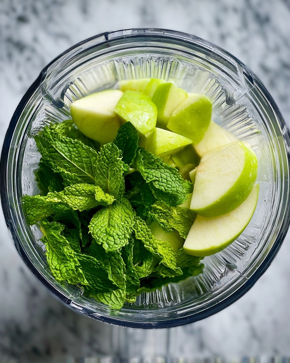 Inside a clear blender container with vertical ridges, there are two main layers of ingredients. The bottom layer has fresh bright green mint leaves with a slightly rough texture. Above the mint leaves, there are a few chunks of light green apple slices with smooth, slightly glossy surfaces. The background shows a white marbled texture under the blender. Photo taken with an iphone --ar 4:5 --v 7