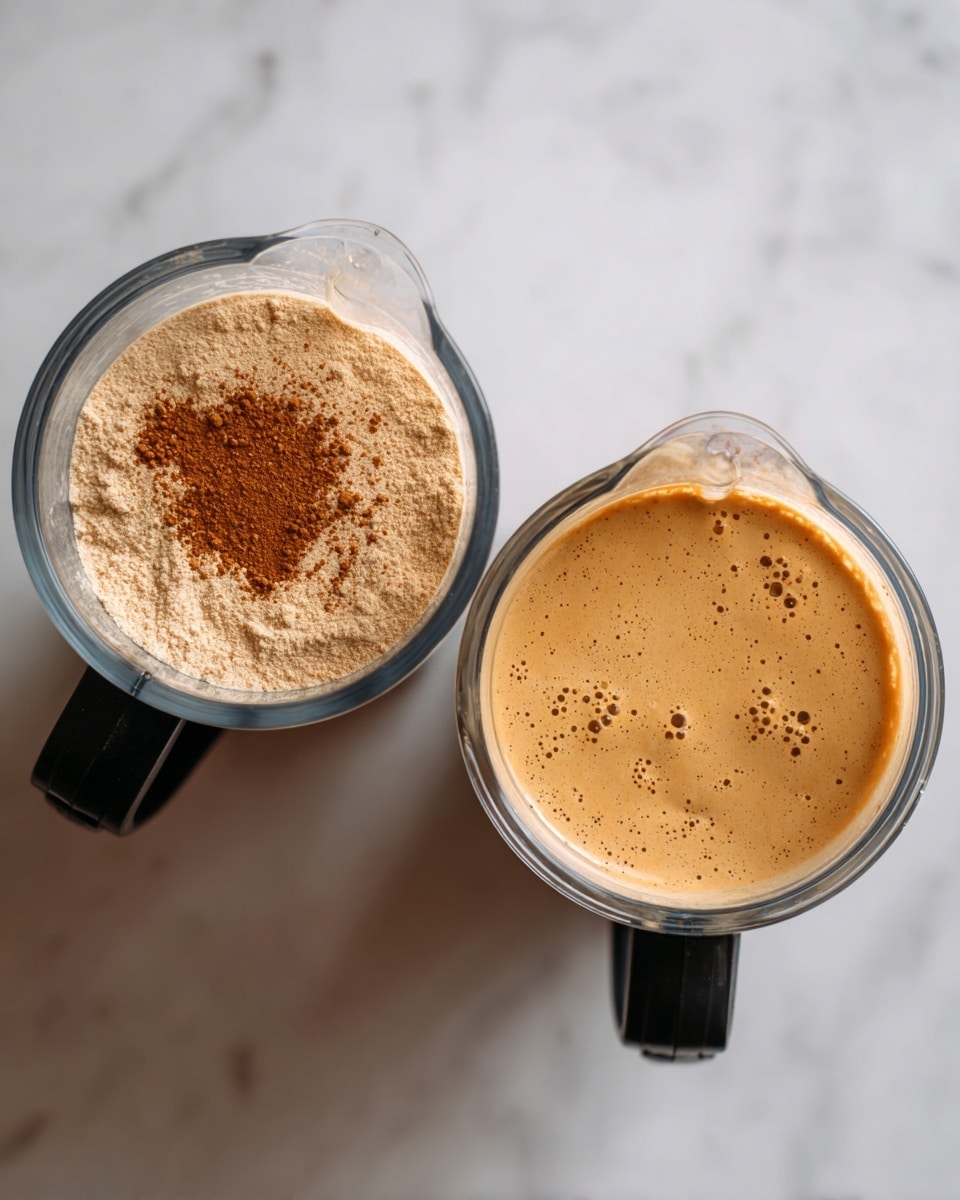 This image shows two clear blender containers from above sitting on a white marbled surface. The container on the left has four layers inside: a light beige powder layer at the bottom, with a sprinkling of darker cinnamon-colored powder on top. The container on the right shows the same mixture after blending, now smooth and creamy with a light tan color and a few small bubbles on the surface. Both containers have black blender handles visible on the left side. photo taken with an iphone --ar 4:5 --v 7