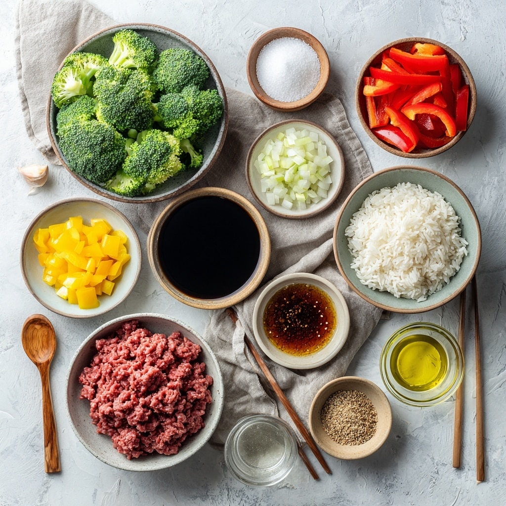 A white bowl filled with a mix of cooked rice forming the base layer, topped with small pieces of browned ground meat layered unevenly but mostly centered. Bright green broccoli florets and thin red bell pepper strips are scattered throughout, adding pops of color against the brown meat and off-white rice. There are small bits of green onions sprinkled on top with a light drizzle of a dark glossy sauce coating some parts of the meat and vegetables, along with white sesame seeds evenly spread across the dish. The bowl is set on a white marbled surface with a small white bowl of sesame seeds blurred in the background to the side photo taken with an iphone --ar 4:5 --v 7