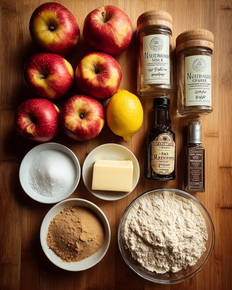 The image shows several baking ingredients arranged on a wooden surface. At the top, six red apples with yellow patches are grouped together. Below them is a bright yellow lemon placed near two glass spice jars with wooden lids labeled
