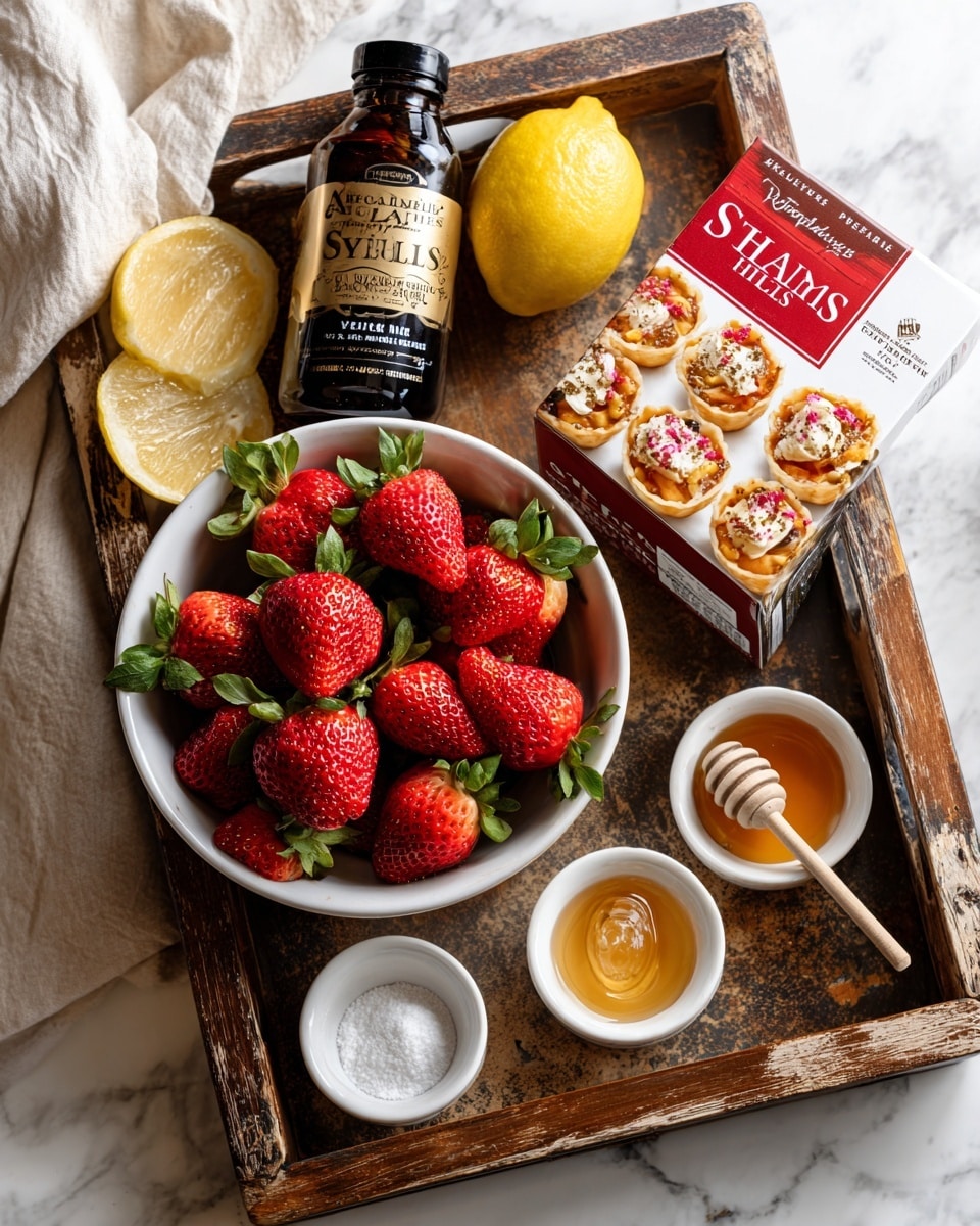A white bowl filled with fresh, bright red strawberries with green leaves sits on a rustic brown tray with a worn texture. Next to the bowl is a dark brown bottle labeled Madagascar Vanilla Bean Paste, and a half yellow lemon placed cut side up. A white box of Athens Phyllo Shells with red and golden text and images of mini golden tart shells filled with various colorful toppings, is also on the tray. Around the tray's edges are three small white bowls, one with a mix of white powder and a small brown powder, another with white granulated sugar, and the last with golden honey. The whole setup lays on a white marbled surface. photo taken with an iphone --ar 4:5 --v 7