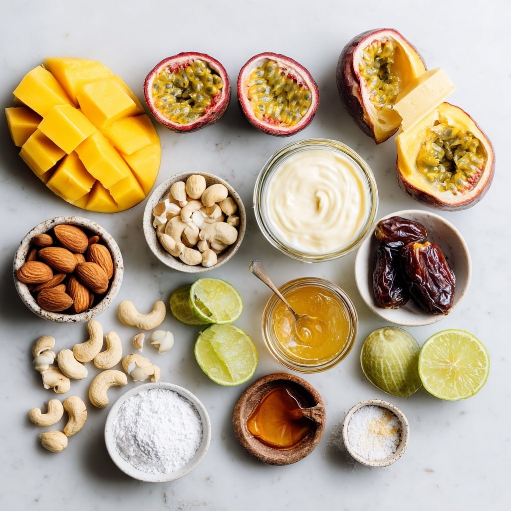 The image on the left shows a blender filled with three layers of ingredients: the bottom layer is off-white cashew nuts with a rough texture, the middle layer includes orange-yellow chunks of mango with a smooth and juicy look, and the top layer has some lighter pieces, likely small chunks of a softer fruit, all sitting inside a clear blender jar on a white marbled surface. The image on the right shows the same blender from above, now containing a smooth, creamy mixture with a rich yellow color, evenly blended with a slightly glossy texture, also placed on the white marbled surface. Photo taken with an iphone --ar 4:5 --v 7