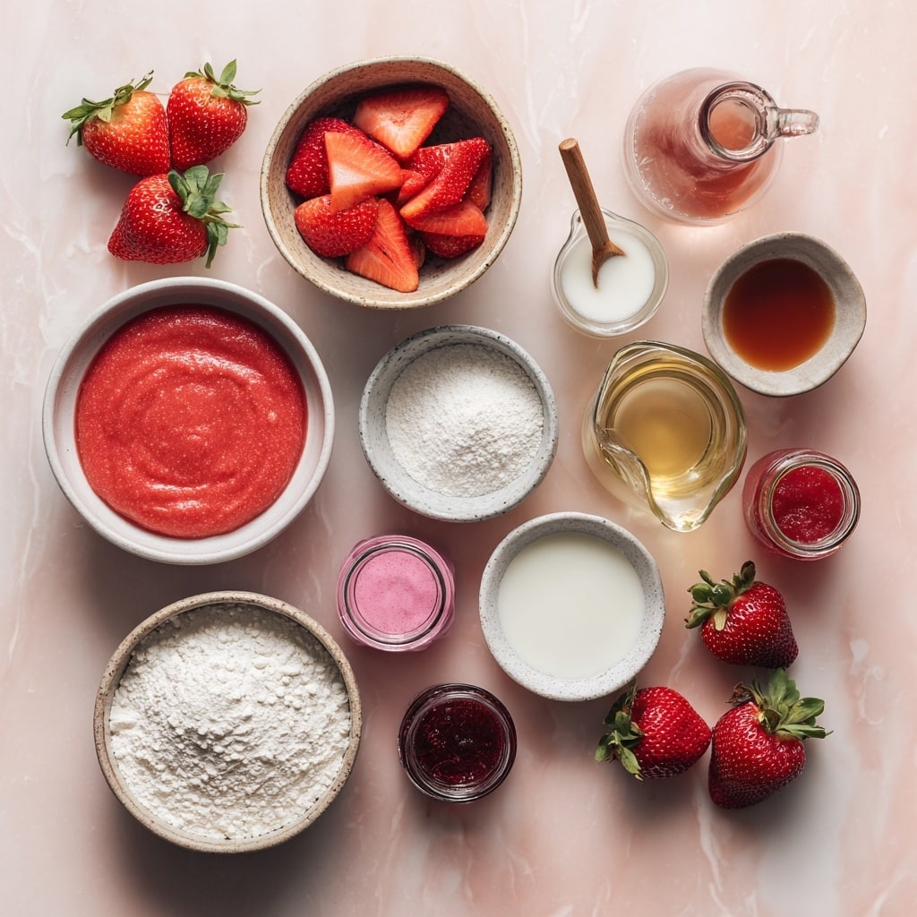 A white bowl holds three visible layers: a base layer of white flour, a middle layer of dark brown liquid, and a top layer of bright red liquid, all sitting on a white marbled surface. Beside this is the same white bowl now showing the ingredients mixed into a thick, smooth batter with a pale pink color and slight texture, while a woman’s hand whisks it. A piece of red fruit, likely raspberry, is near the bowl on the white marbled surface. photo taken with an iphone --ar 4:5 --v 7