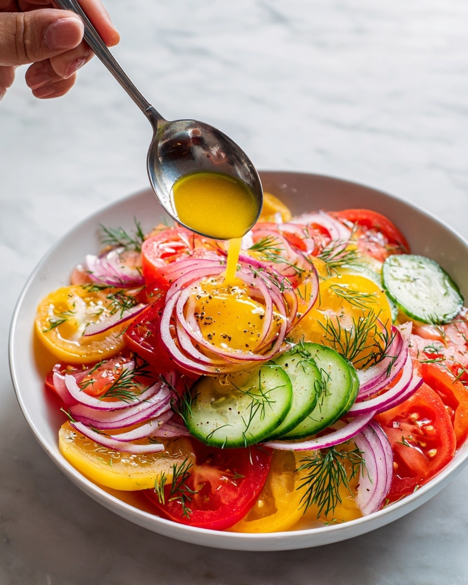 A white bowl is filled with a colorful salad layered with several slices of ripe tomatoes in red, green, and yellow shades, creating a vibrant base. On top of the tomatoes, thin slices of cucumber with dark green edges and pale green centers are spread evenly. Light purple rings of red onion lie scattered over the cucumbers and tomatoes, adding a delicate texture. Small sprigs of green dill are placed throughout the salad, giving a fresh look. The salad is lightly dressed with a golden, slightly shiny dressing that covers the vegetables evenly. In the background, a glass jar with salad dressing is partly visible on a white marbled surface. photo taken with an iphone --ar 4:5 --v 7