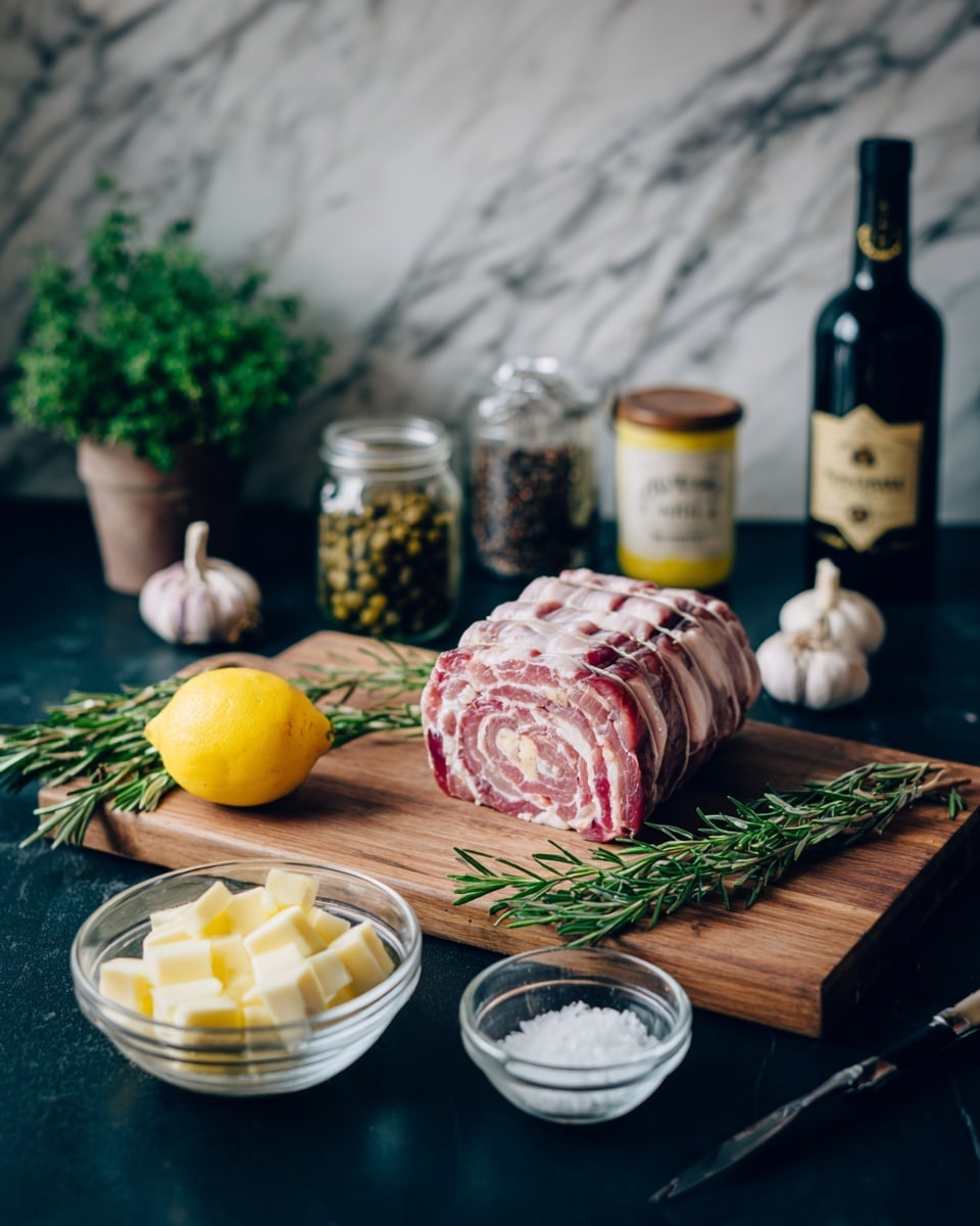 The image shows a wooden cutting board placed on a black surface with a white marbled texture background. On the board, there is a rolled, uncooked piece of meat with pink and white layers, next to a bright yellow lemon and a few fresh green sprigs of rosemary. In front of the board, there is a small clear bowl with light yellow cubes of butter, a head of garlic with white cloves, and two small glass jars—one with dark anchovies and the other with green capers. Nearby, a clear bowl with white salt is visible. Behind the board, there is a bottle of dark red wine and a jar of pale yellow dijon mustard with a dark lid. The setting uses natural light and is organized neatly. photo taken with an iphone --ar 4:5 --v 7