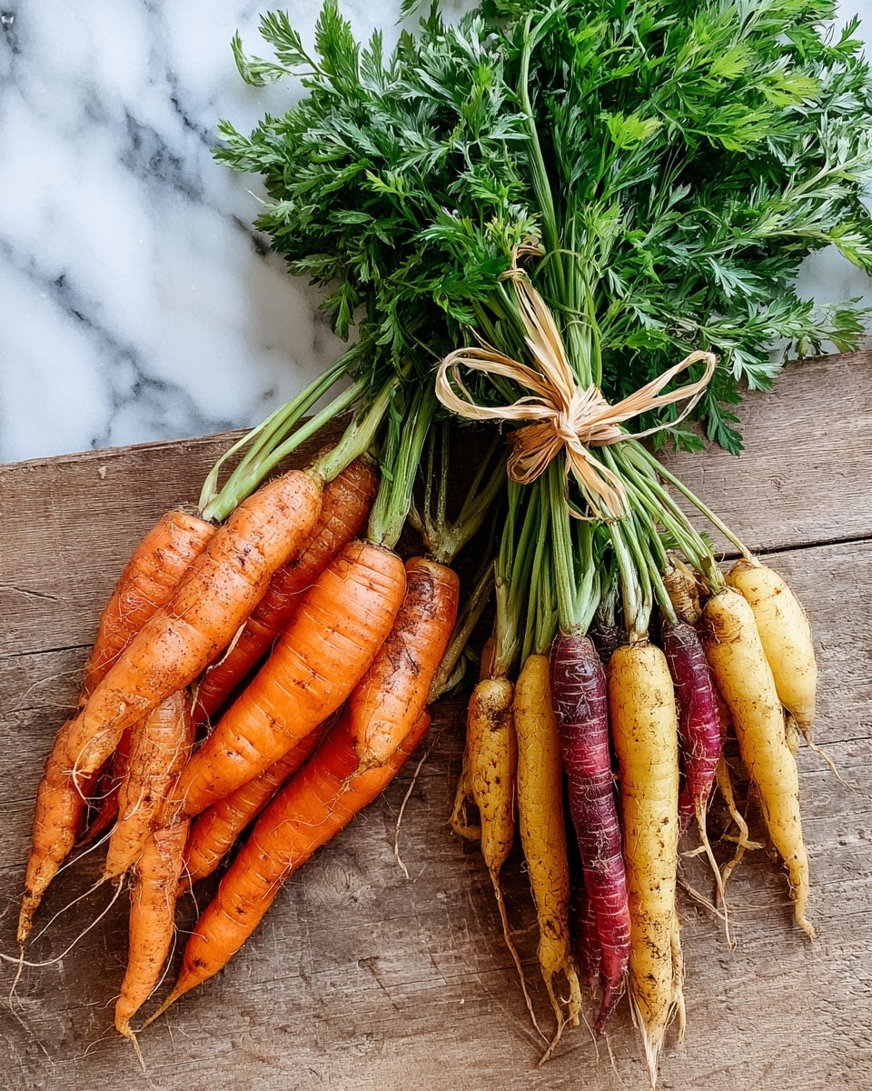 A bunch of fresh orange carrots with green leafy tops tied together with string lies on a rustic wooden surface next to a pile of loose carrots in orange, yellow, and purple colors. The carrots vary in size and are placed casually, showing natural textures with some dirt and rough spots on their skin. The background is a white marbled texture. Photo taken with an iphone --ar 4:5 --v 7