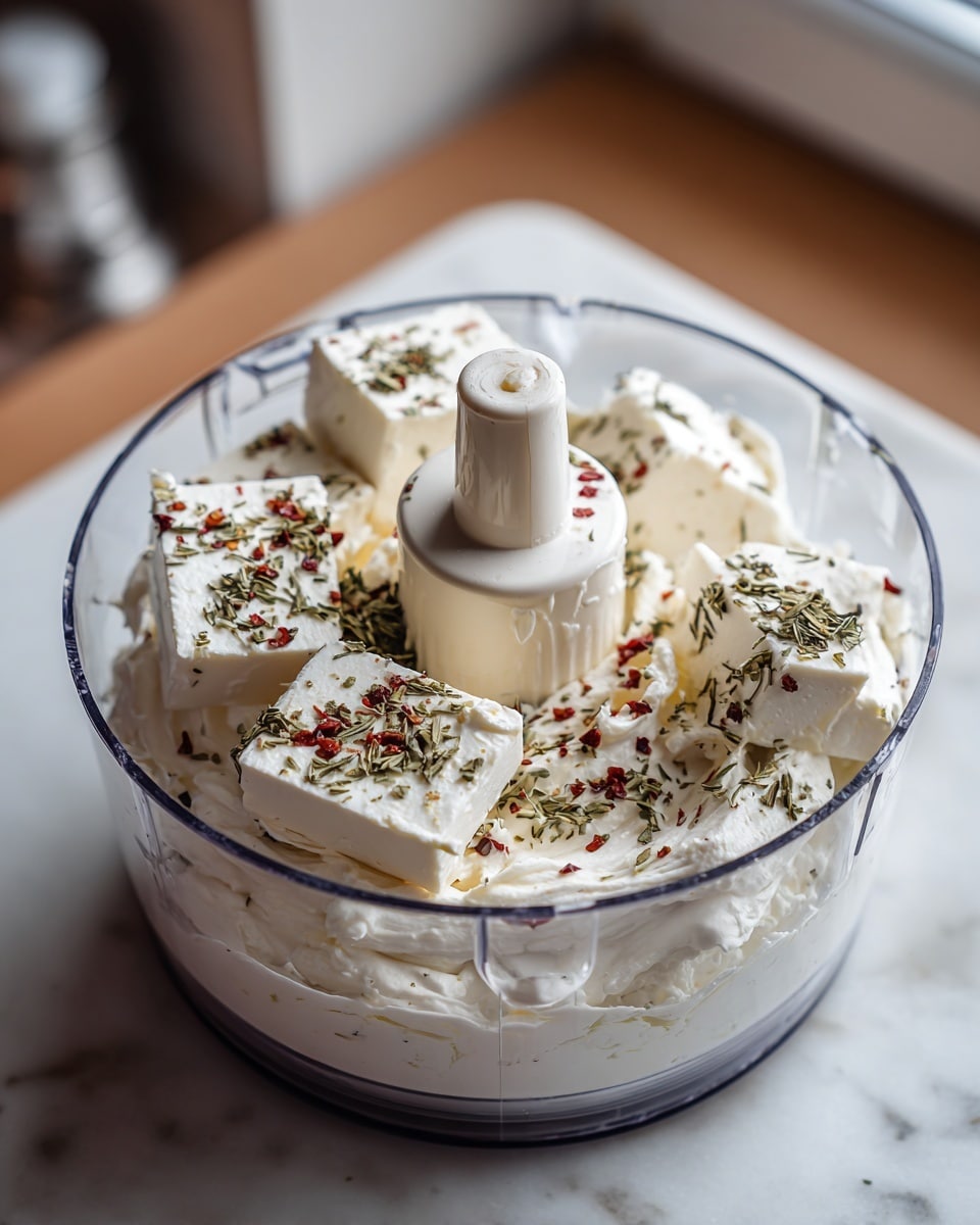 The image shows a clear food processor bowl filled with several white blocks of cream cheese at the bottom layer. On top of these, there is a thick layer of creamy white sour cream or mayonnaise. Scattered across the creamy layer are small flakes of dried green herbs and crushed red pepper flakes, adding texture and color contrast. The white mixing blade is sticking up in the middle of the bowl, and the whole food processor is placed on a white marbled surface. In the background, there are some brown kitchen cabinets softly blurred. Photo taken with an iphone --ar 4:5 --v 7