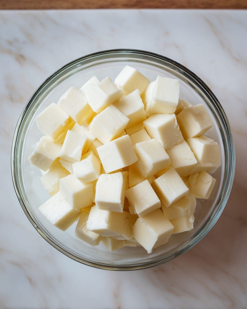 A clear glass bowl filled with small, even, pale yellow cubes, each piece uniform in size and piled neatly to the top of the bowl. The bowl sits on a wooden table, but the surface is changed to a white marbled texture. The cubes have a smooth texture and light creamy color, giving a fresh and clean look to the dish. photo taken with an iphone --ar 4:5 --v 7