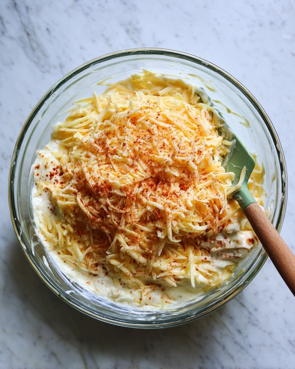 A clear glass bowl sits on a white marbled surface, filled with multiple layers of shredded cheese in yellow and white tones, mixed with a creamy white sauce. The top layer is sprinkled with more shredded cheese and a light dusting of red seasoning. A green spatula with a wooden handle is placed inside the bowl, leaning against the side. Photo taken with an iphone --ar 4:5 --v 7