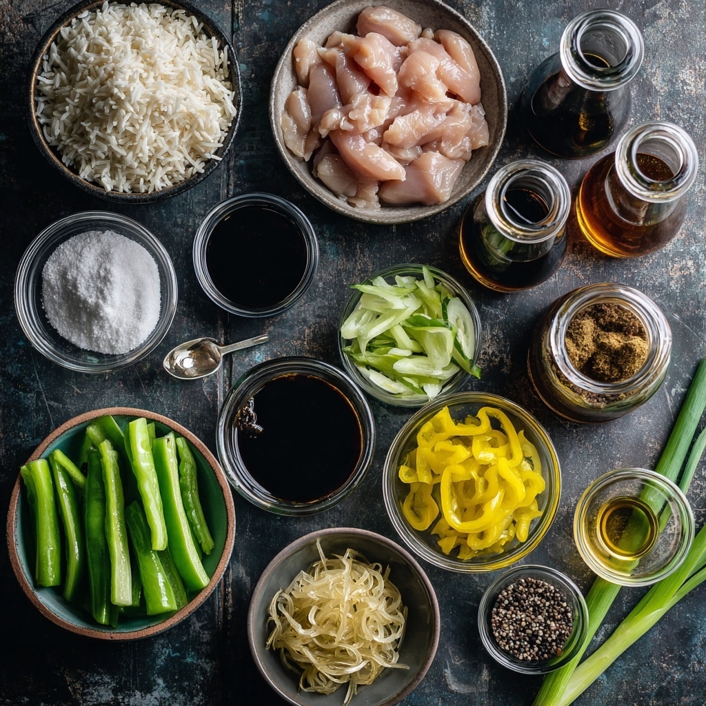 The image shows two close-up scenes stacked vertically on a white marbled surface. The top scene features thin slices of raw, light orange-pink chicken spread evenly in a black pan, with some smooth, shiny texture visible on the meat. The bottom scene shows an even layer of thinly sliced, bright green bell peppers and white onion strips in the same black pan; a wooden spatula is placed on the right side of the pan. photo taken with an iphone --ar 4:5 --v 7