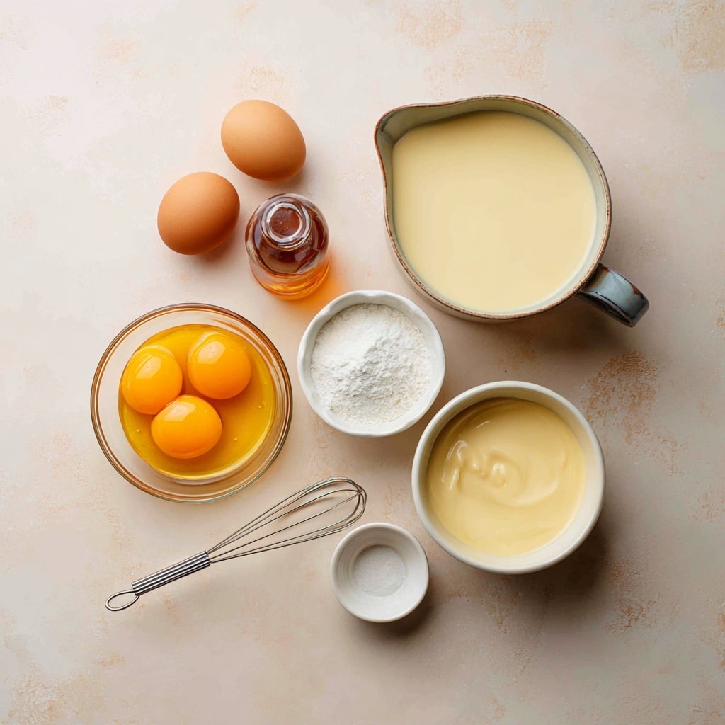 A small black saucepan sits on a white marbled surface, containing a thick, glossy orange-yellow sauce. A metal whisk with a wooden handle, labeled