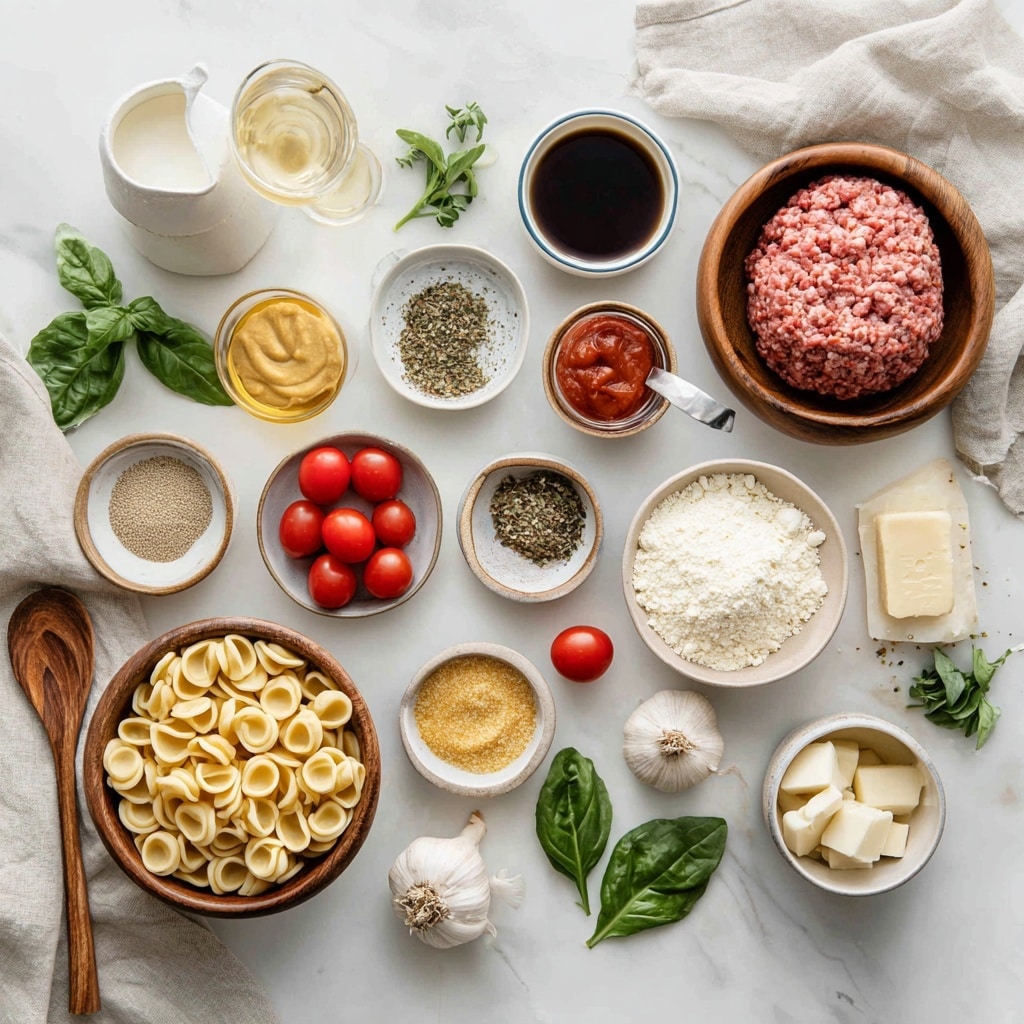 A silver pan filled with creamy pasta made of small round orecchiette, coated in a thick, light beige sauce with visible herbs and spices. Scattered bright red cherry tomatoes add vibrant color, and small chunks of cooked ground meat are mixed throughout. Fresh green basil leaves and chopped parsley are sprinkled on top, adding a touch of fresh green contrast. A silver spoon rests in the pan on the right side. The pan sits on a white marbled surface with a light beige cloth partially visible in the background. photo taken with an iphone --ar 4:5 --v 7
