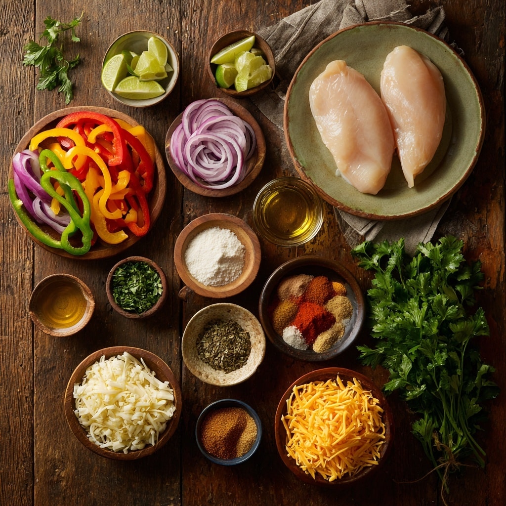 The image shows two parts: on the left, there are thin, long red and orange pepper strips at the top, white onion slices below them, and finely chopped garlic pieces at the bottom left on a light blue board. On the right, there is a woman's hand holding a piece of cooked chicken leg, placing it over a pile of cooked red pepper and other vegetables on the same blue board. Next to the chicken is shredded white cheese in a white bowl and two cooked, lightly browned chicken pieces filled with the cooked vegetables. The background is a white marbled surface. Photo taken with an iphone --ar 4:5 --v 7