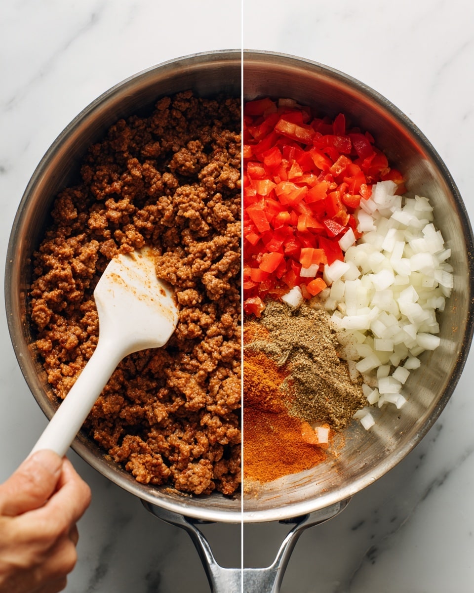 The image shows two side-by-side photos inside a silver cooking pot on a white marbled surface. The left side shows cooked ground meat with a crumbly texture, brown in color, being stirred with a white spatula held by a woman's hand. The right side shows the same cooked meat base, topped with three separate layers: small red bell pepper pieces on the left, chopped white onions on the right, and a small pile of brownish-orange spices in the middle. The layers are distinct and sit on top of the meat, all inside the silver pot. Photo taken with an iphone --ar 4:5 --v 7