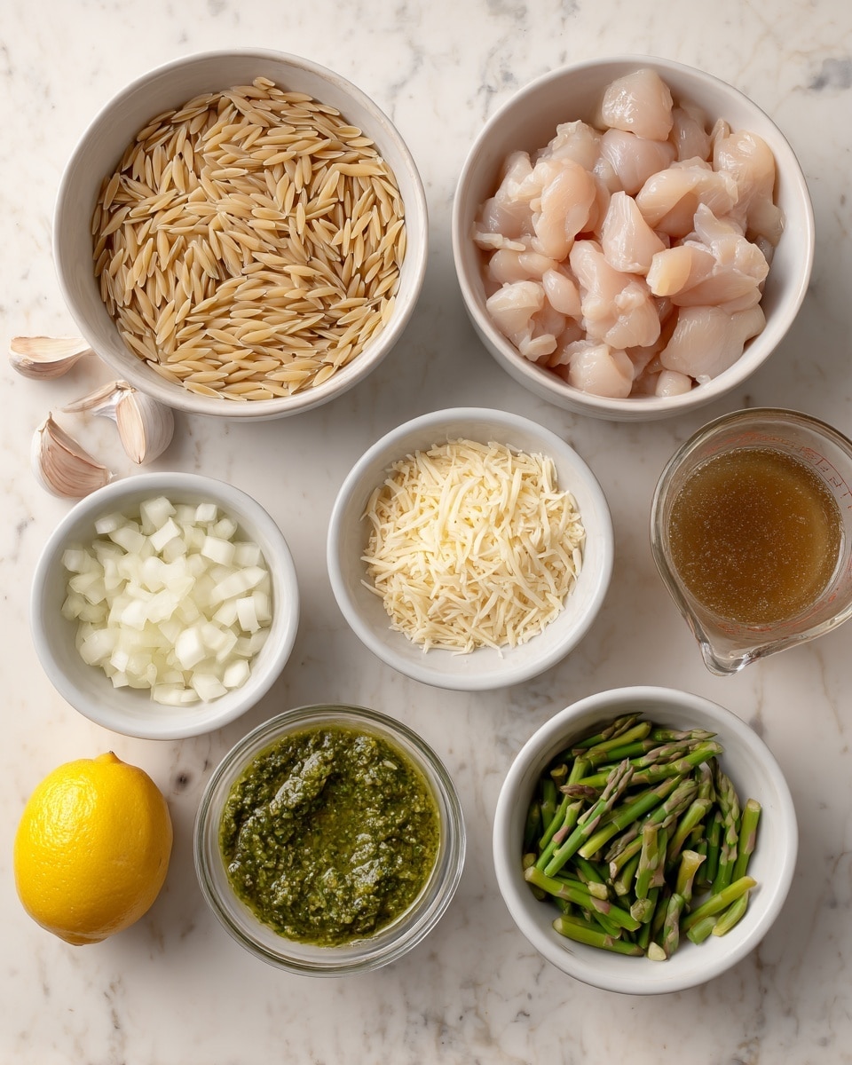 The image shows eight white bowls and a clear measuring cup arranged on a white marbled surface. The top right bowl holds raw, pale pink chunks of chicken. Below it, a bowl is filled with long, uncooked orzo pasta that is light beige. Below that, to the left, there is a bowl with chopped white onions. Next to the onions is a bowl full of light-colored finely shredded cheese. Above the cheese, a bowl contains chopped green asparagus pieces with some tips visible. In the center is a smaller bowl of bright green pesto sauce with a textured look. To the left of the chicken bowl sits a whole yellow lemon along with two peeled garlic cloves and a tall jar labeled Italian seasoning lying on its side. The clear measuring cup is filled with a brownish liquid, likely broth. Photo taken with an iphone --ar 4:5 --v 7