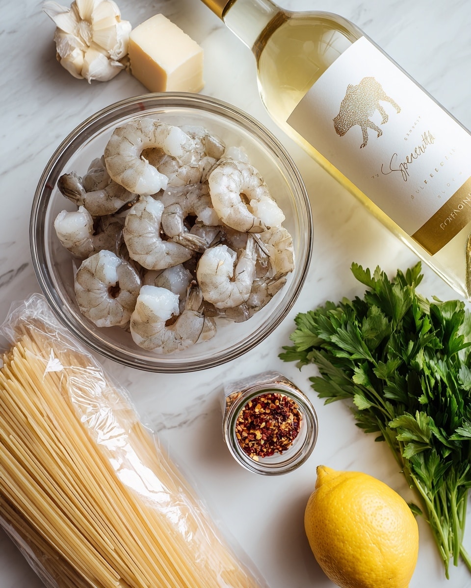 A clear glass bowl filled with raw, peeled shrimp, showing their pale gray and white color, sits on the left side of the image. Next to the bowl, on a white marbled surface, lies a white plastic bag of dry bucatini pasta with light beige pasta sticks visible through clear packaging. Below the pasta, there is a bunch of fresh green parsley with leafy textures. Near the parsley, a small block of pale yellow cheese and three cloves of creamy white garlic rest close to a bright yellow lemon. A glass bottle of white wine labeled