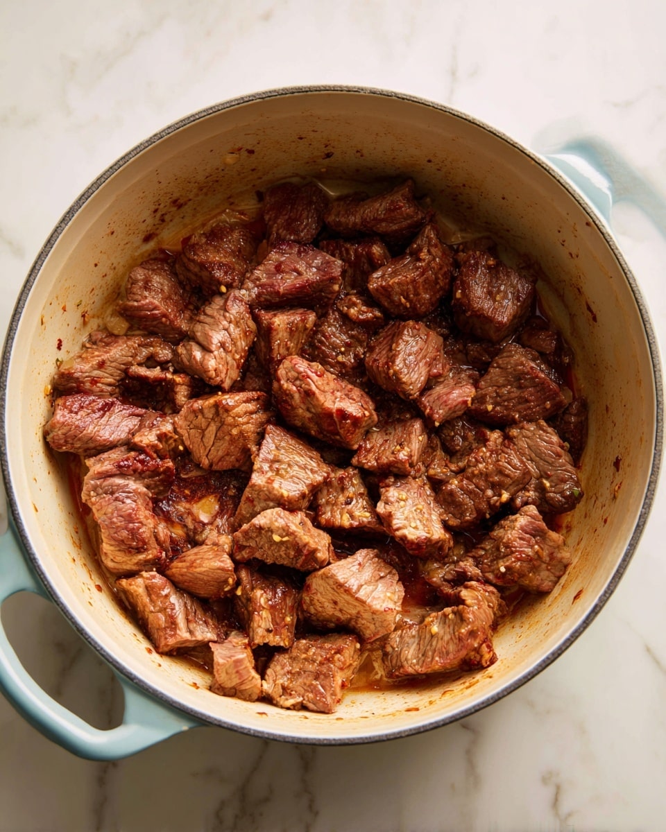 A light blue round pot filled with many small pieces of cooked beef with a mix of brown and slightly pink colors, showing a browned texture on the outside. The inside of the pot is cream-colored, and the pot sits on a white marbled surface. The beef pieces are spread evenly, covering the bottom of the pot, and some juices coat the edges. Photo taken with an iphone --ar 4:5 --v 7