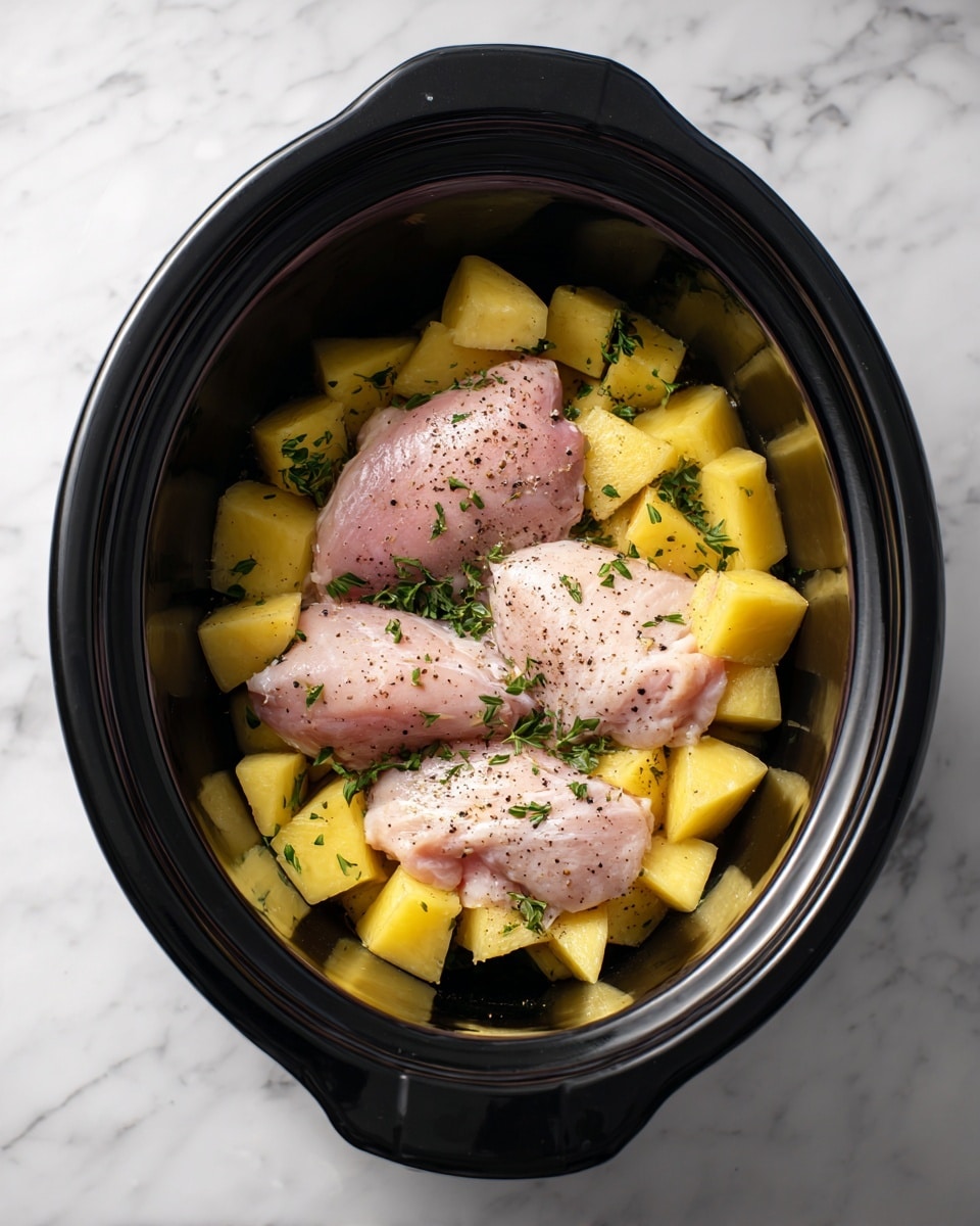 Inside a black slow cooker, there are three raw pale pink chicken pieces placed on top of a layer of diced yellow potatoes and some green herbs mixed in. The potatoes have a rough texture and are sprinkled with black pepper. The slow cooker is set on a white marbled surface. photo taken with an iphone --ar 4:5 --v 7