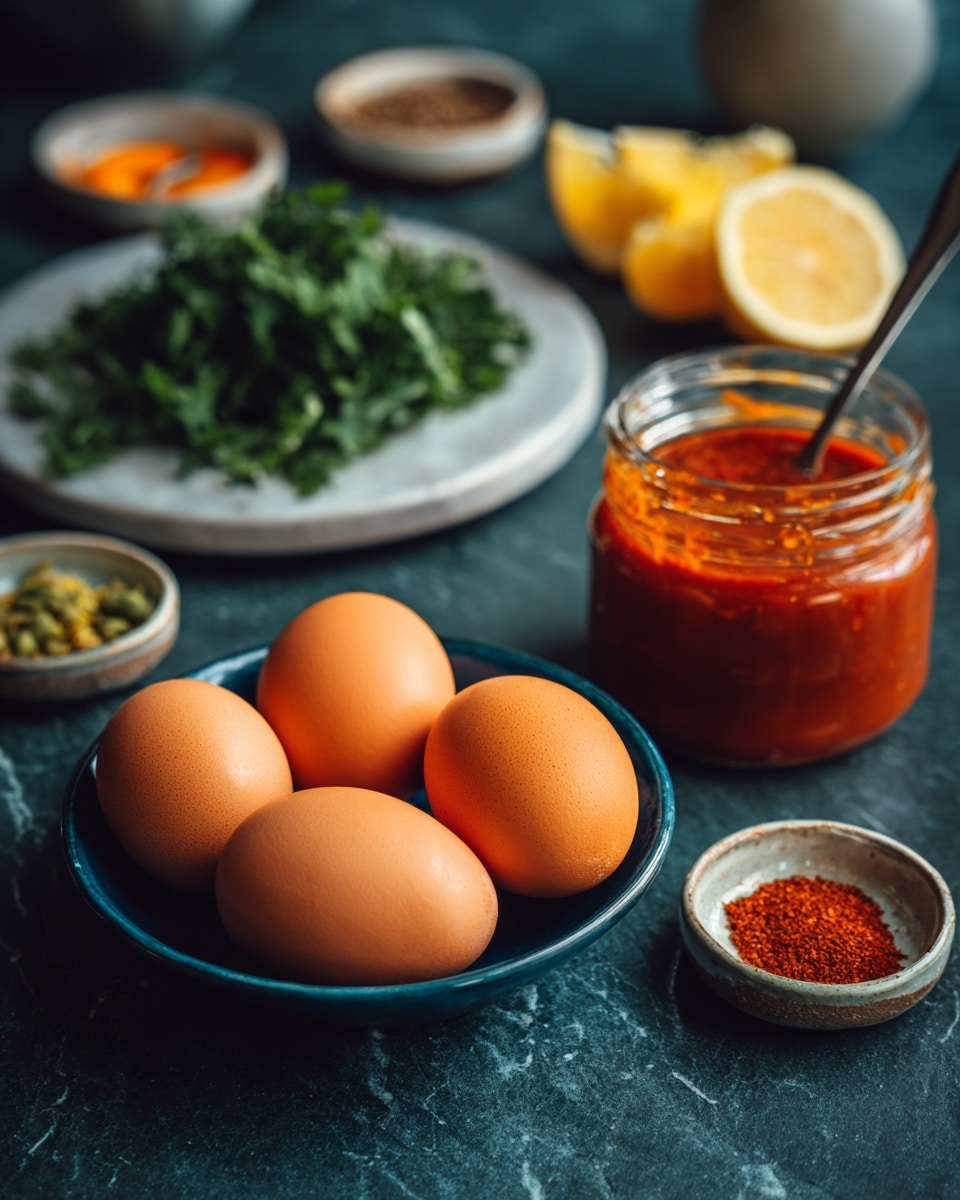 A blue bowl holds four brown eggs with smooth shells, placed in the front center on a dark surface. To the right, an open jar filled with bright red sauce shows some texture and a spoon inside. Behind the eggs, a white plate is full of green leafy herbs with a small white bowl containing red spices next to lemon wedges. Toward the left background, small bowls with green sliced chili, orange sauce, and ground seeds are arranged on a white marbled surface. Photo taken with an iphone --ar 4:5 --v 7
