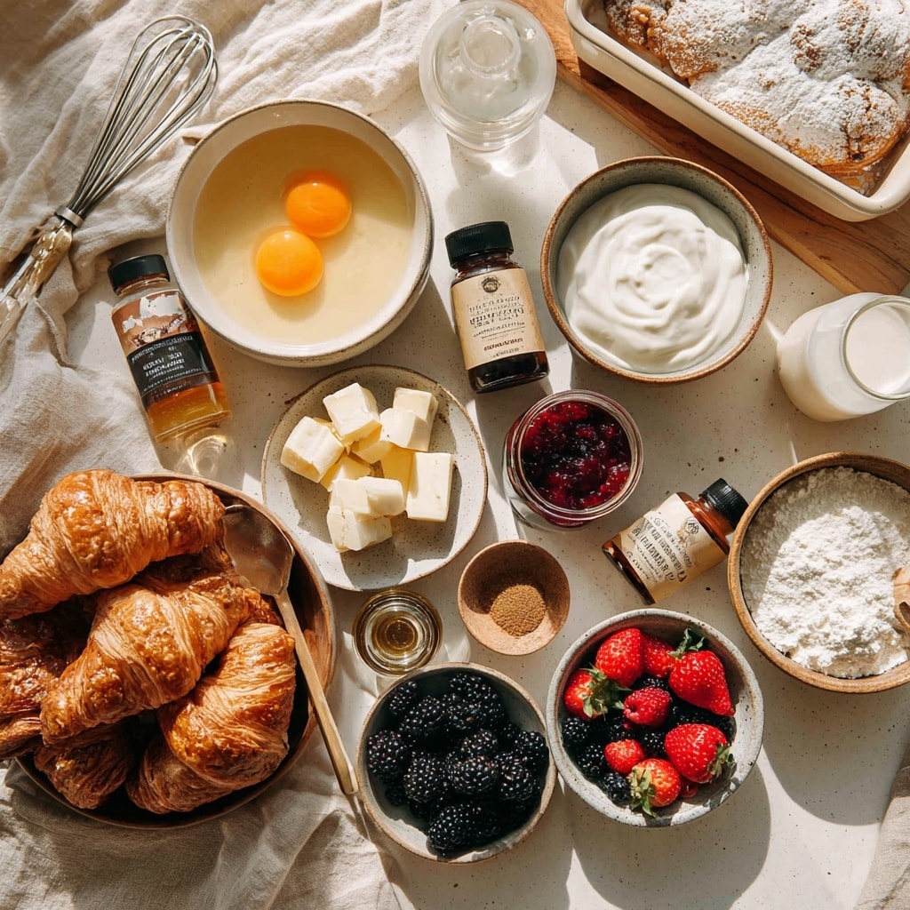 The image shows a white rectangular baking dish filled with about two layers of golden-brown croissant pieces, some slightly opened to reveal a soft, flaky inside. Scattered inside and on top are dark blue blueberries and creamy white dollops mixed with blueberry sauce, giving hints of dark purple. The dish rests on a beige cloth over a white marbled surface, with extra blueberries and small purple flower petals sprinkled around. A glass jar of dark blueberry jam with a spoon is placed near the top left corner. Photo taken with an iphone --ar 4:5 --v 7
