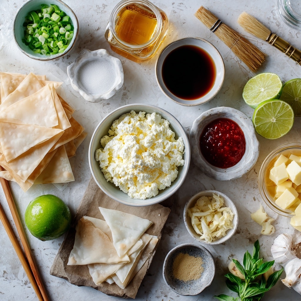 The image shows a round white plate with crispy golden-brown wontons arranged around a small white bowl filled with dark brown dipping sauce topped with chopped green onions. The wontons have browned tips and a shiny texture, and some have chopped green onions sprinkled on them. Fresh green basil leaves are placed on and around the wontons, and lime wedges with bright green peel and juicy pale flesh sit on one side of the plate. The plate is set on a white marbled surface. photo taken with an iphone --ar 4:5 --v 7
