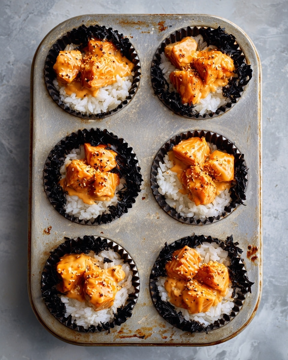 The image shows small sushi bites arranged on a metal rack over a white marbled surface, each bite having three main layers. The bottom layer is dark, rough-textured roasted seaweed forming a cup shape. Inside it, the middle layer is white sticky rice with a soft, smooth texture. The top layer includes golden-brown cooked fish pieces, light green avocado chunks, and orange creamy sauce drizzled over them. Thin, bright green slices of scallion and small black and white sesame seeds are sprinkled on top for garnish. In the corner, there is a glimpse of a white bowl with light blue patterns and fresh green leaves. Photo taken with an iphone --ar 4:5 --v 7