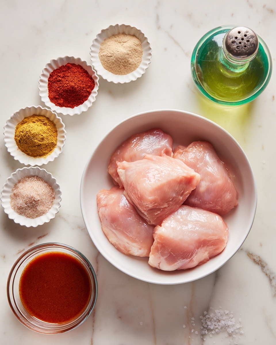 The image shows a white bowl in the center filled with four raw pale pink chicken pieces with a smooth texture. Around the bowl, there are five small white scalloped dishes in an arc, each containing different spices: a pile of red powder, a yellow powder, a light beige powder, and two light brown powders, all finely ground. To the right side of the bowl, there are two small glass bottles; one with green liquid and a metal stopper, the other with salt sealed by a cork. On the bottom left is a small clear glass bowl filled with a thick reddish-brown sauce. Everything is placed on a white marbled surface. Photo taken with an iphone --ar 4:5 --v 7