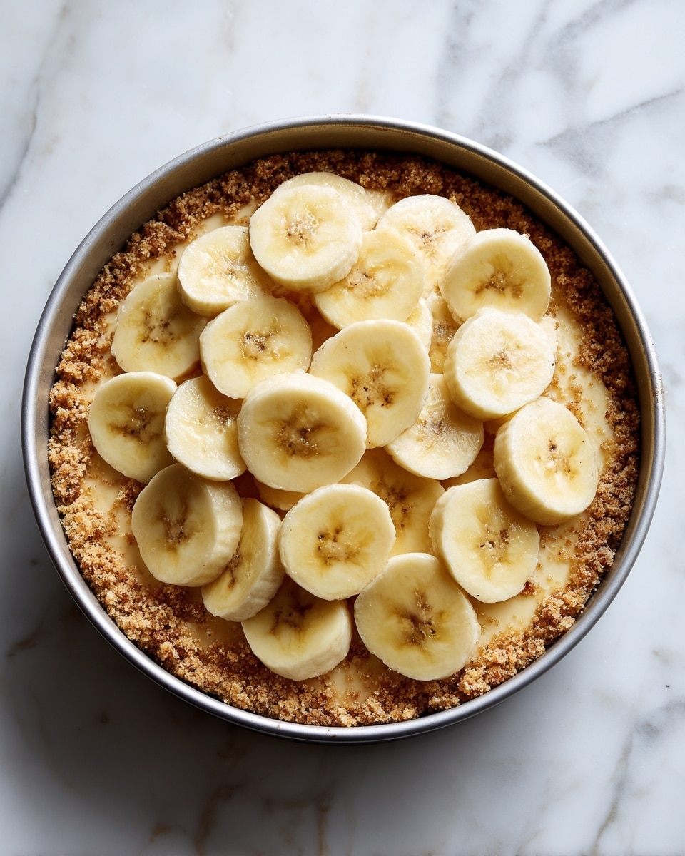 A round metal baking pan holds a dessert with two layers visible: the bottom layer is a light brown, crumbly crust with small pieces visible, while the top layer is made of long, thin slices of banana laid flat and overlapping slightly in a neat pattern, showing a smooth and slightly shiny texture with some brown spots. The pan rests on a white marbled surface photo taken with an iphone --ar 4:5 --v 7