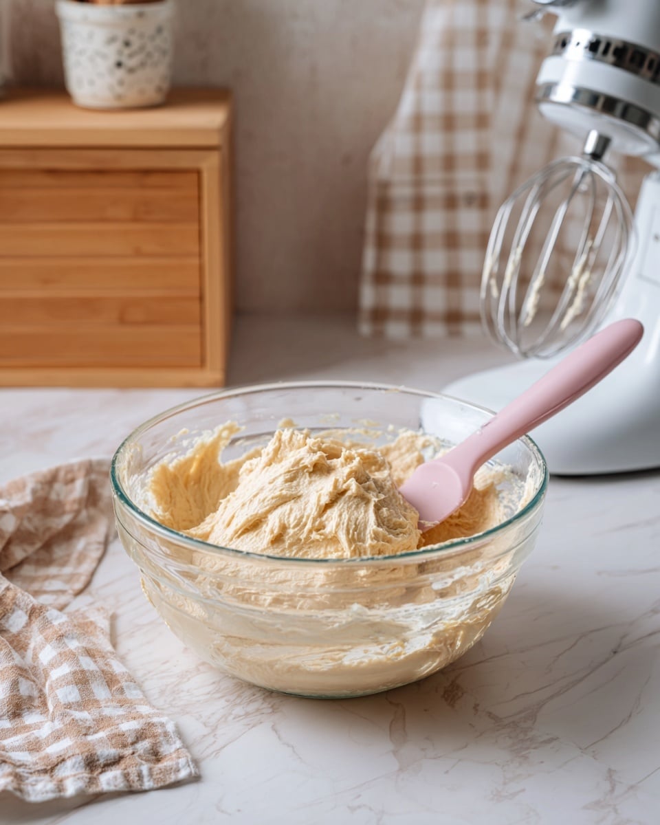 A clear glass bowl sits on a white marbled surface, filled with thick, light beige batter. A pink spatula rests in the batter, partially coated with the mixture, and the sides of the bowl show streaks of the batter. Behind the bowl, there is a white electric mixer with some batter on its beaters. The background shows a wooden cabinet and a checkered cloth hanging, adding a cozy kitchen feel. photo taken with an iphone --ar 4:5 --v 7
