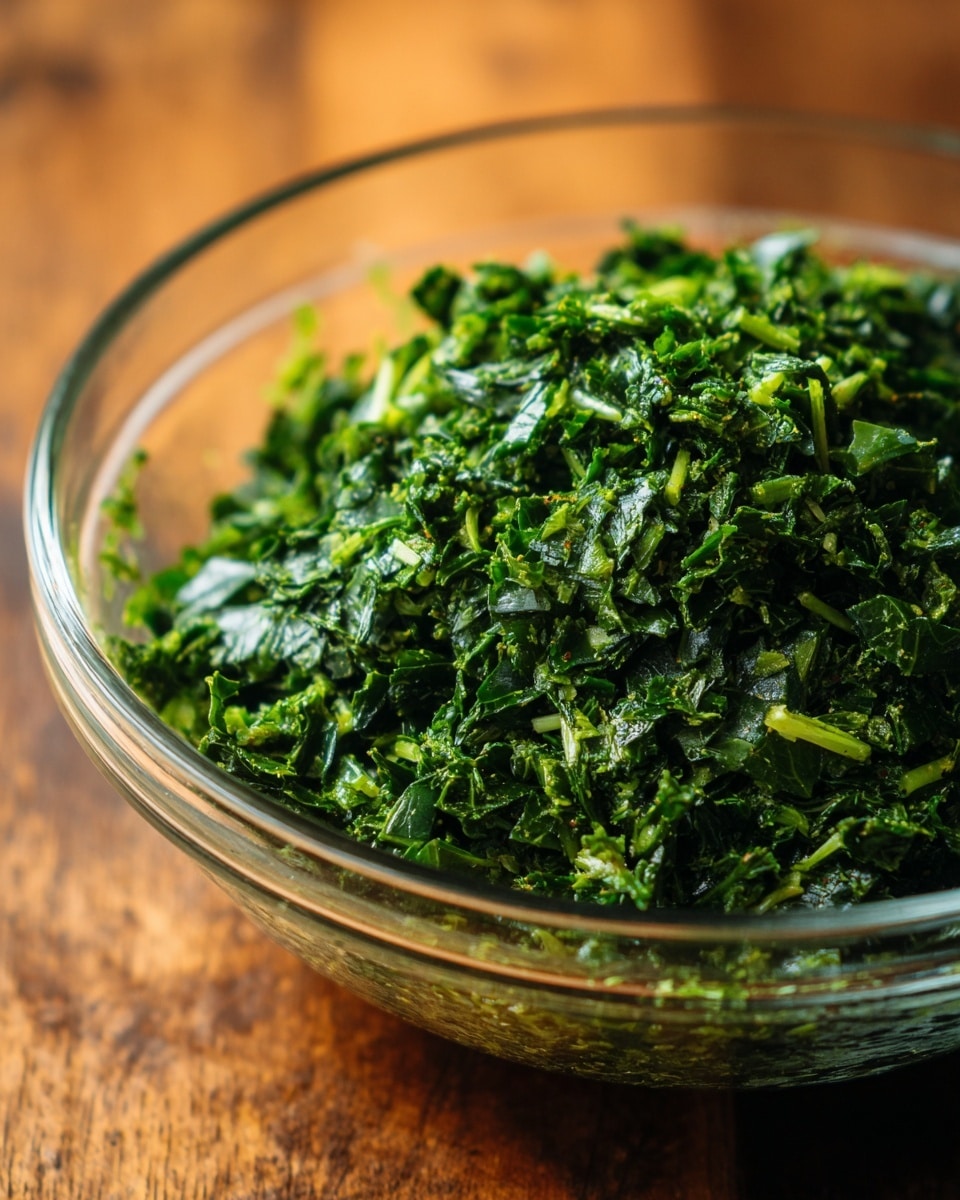 A clear glass bowl filled with finely chopped dark green leafy vegetables mixed with some small bits of lighter green stems, creating a textured, slightly moist appearance. The bowl is almost full and sits on a wooden surface, with the background softly blurred. The green mix inside the bowl shows both small leafy pieces and tiny chunks of stems, giving it a fresh, natural look. Photo taken with an iphone --ar 4:5 --v 7