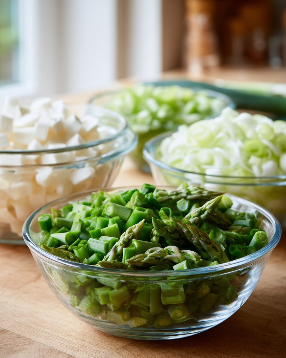 Three clear glass bowls sit on a wooden table filled with chopped vegetables. The closest bowl is full of bright green chopped asparagus, with tips pointing up and some pieces leaning against the bowl’s edge. Behind it, to the right, is a larger bowl filled with pale white and light green chopped leeks, thinly sliced. On the left, a smaller bowl holds small white cubes of what looks like peeled potato or another root vegetable. The background is soft and out of focus, showing part of a kitchen. photo taken with an iphone --ar 4:5 --v 7