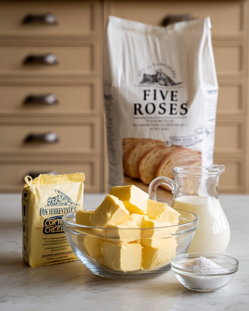 The image shows a clear glass bowl filled with large yellow butter cubes placed in the foreground on a white marbled surface. Next to it, there is a small clear glass bowl containing white salt. Behind these bowls is a large white bag of Five Roses flour with a picture of flour, a glass jug with cream, bread, and eggs on the front. To the left of the flour bag is a pale yellow packet of Western brand cottage cheese with some text and a black and white cow logo on it. The background is a light wooden cabinet with drawers and handles. photo taken with an iphone --ar 4:5 --v 7