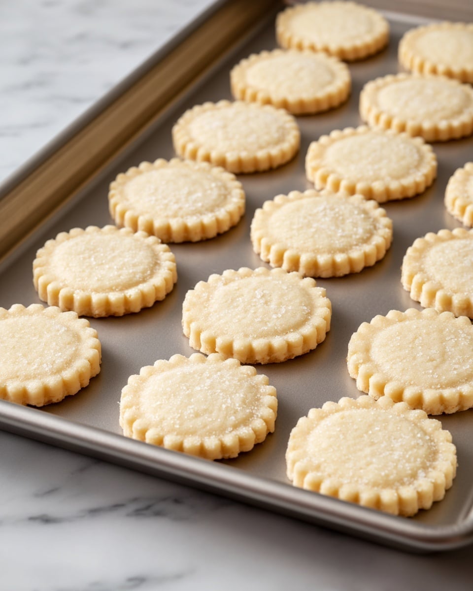 The image shows a baking tray filled with many round cookies arranged in rows. Each cookie has scalloped edges, light cream color, and a slightly grainy texture, showing small white specks on the surface. They are evenly spaced and raw, ready to be baked. The tray sits on a surface with a white marbled texture. photo taken with an iphone --ar 4:5 --v 7