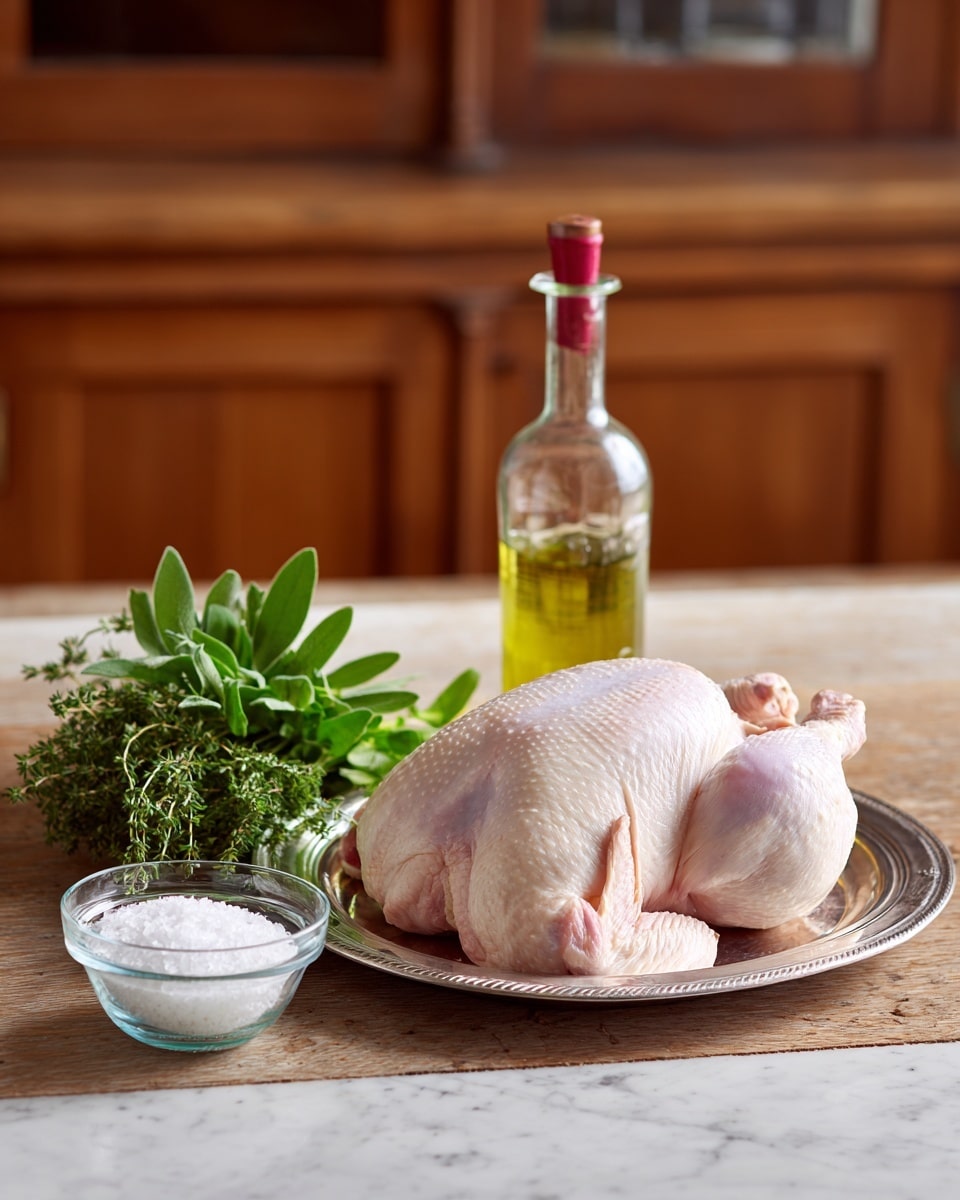 A whole raw chicken with pale pink skin and wings folded close is placed on a shiny silver tray, sitting on a wooden table. Next to the tray on the left side, there is a small clear glass bowl filled with white salt, a bunch of green fresh herbs including sage and thyme, and a clear glass bottle containing golden oil with a red cap. The background has wooden kitchen cabinets, and the surface is changed to a white marbled texture. Photo taken with an iphone --ar 4:5 --v 7