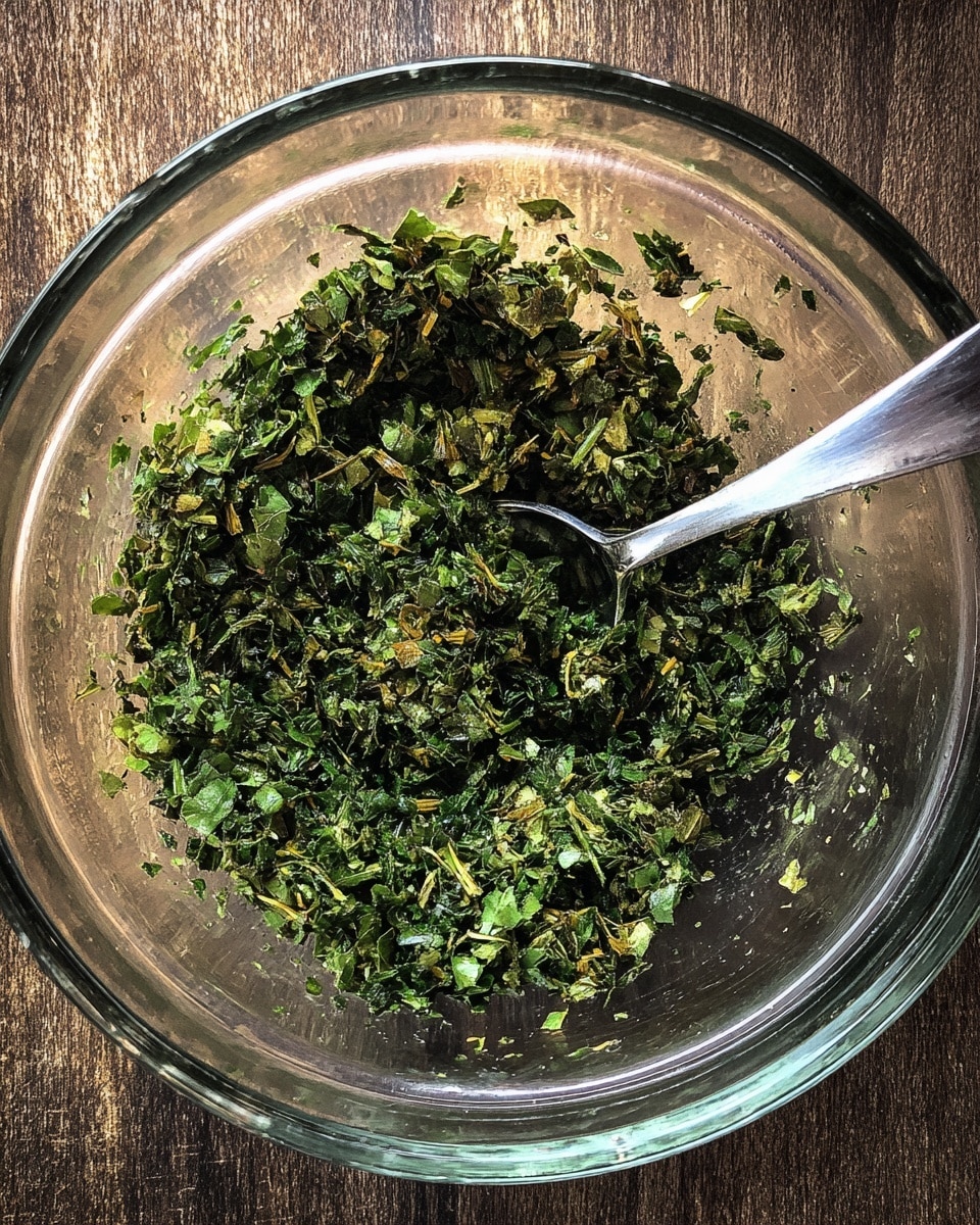 A clear glass bowl filled with a coarse green herb mixture, showing bits of chopped leaves and small stems, with a metal spoon resting inside the bowl on the right side. The bowl is placed on a wood textured surface. The herb mixture looks fresh and slightly oily, with a mix of dark and light green colors. photo taken with an iphone --ar 4:5 --v 7